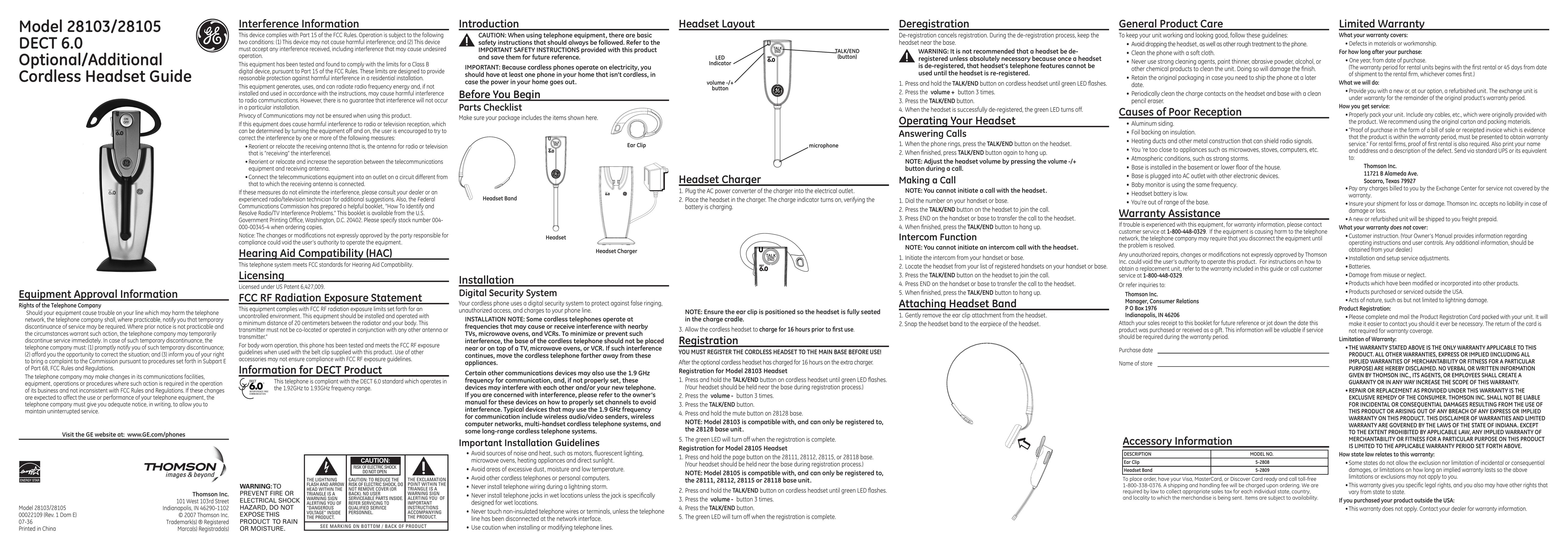 GE 00022109 Headphones User Manual