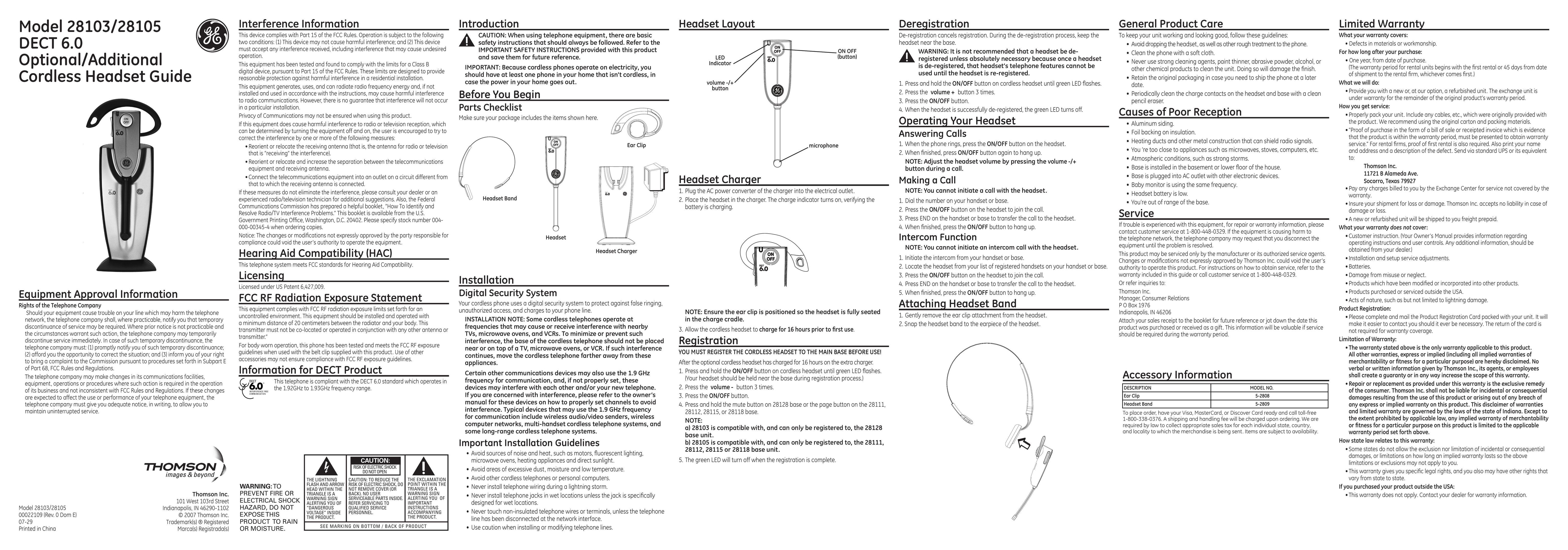 GE 28105EE1 Headphones User Manual