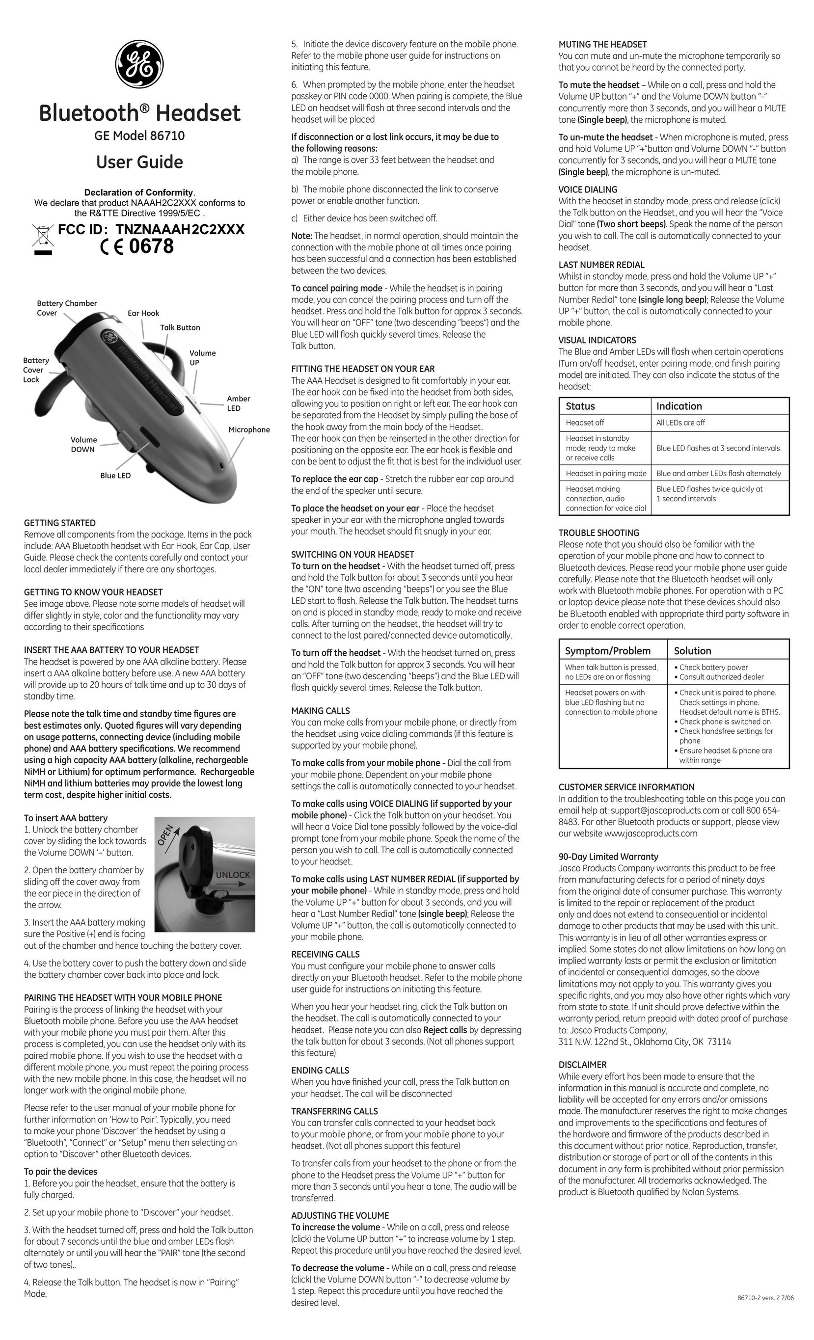 GE Monogram 86710 Headphones User Manual