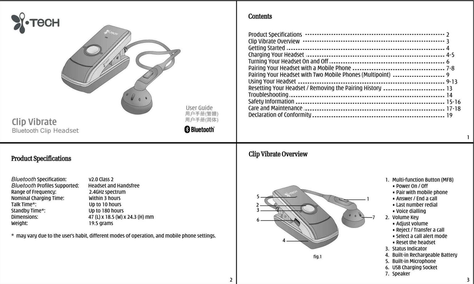 i. Tech Dynamic Bluetooth Clip Headset Headphones User Manual