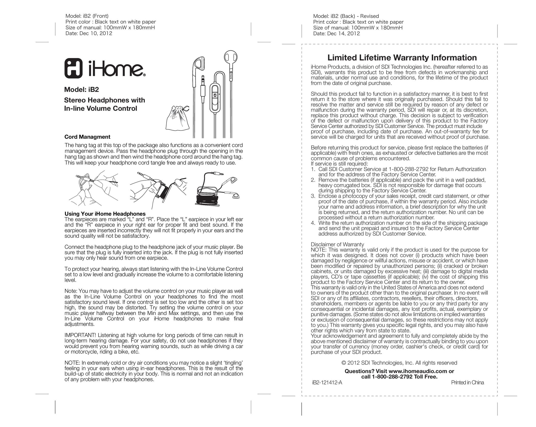 iHome iB2 Headphones User Manual