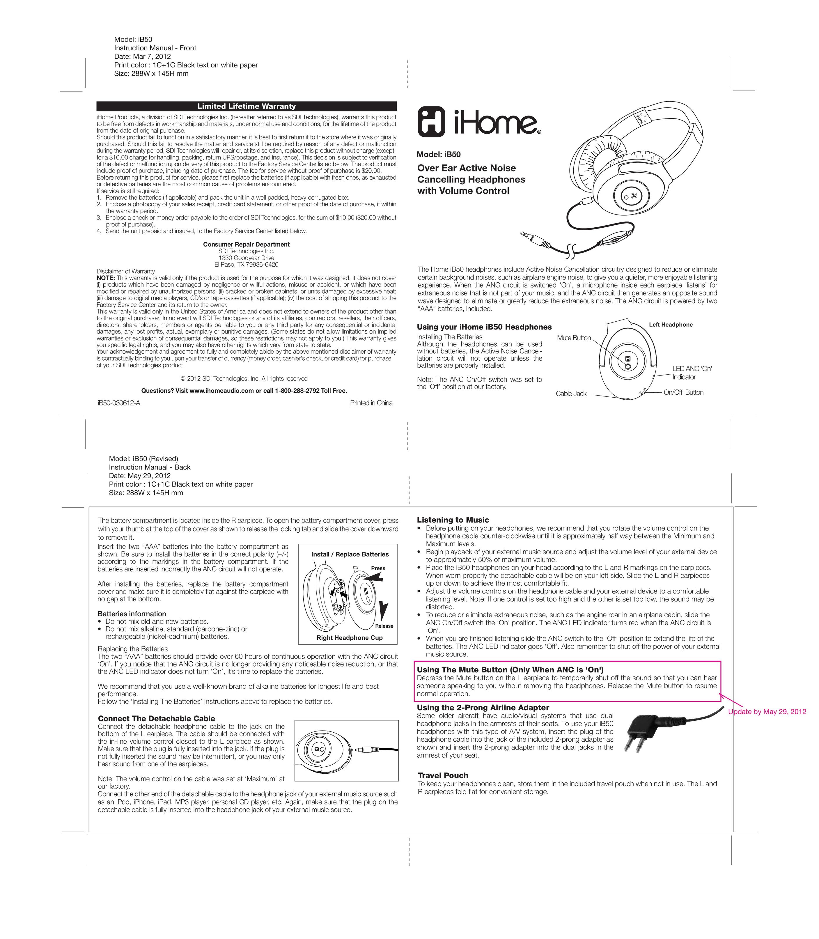 iHome iB50 Headphones User Manual