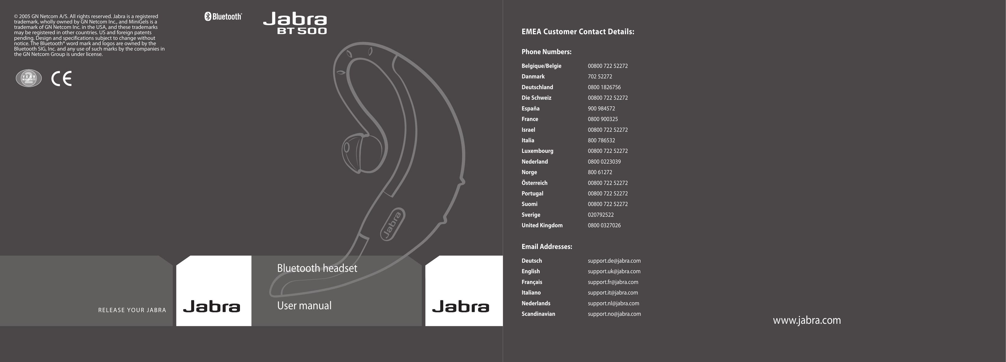 Jabra BT500 Headphones User Manual