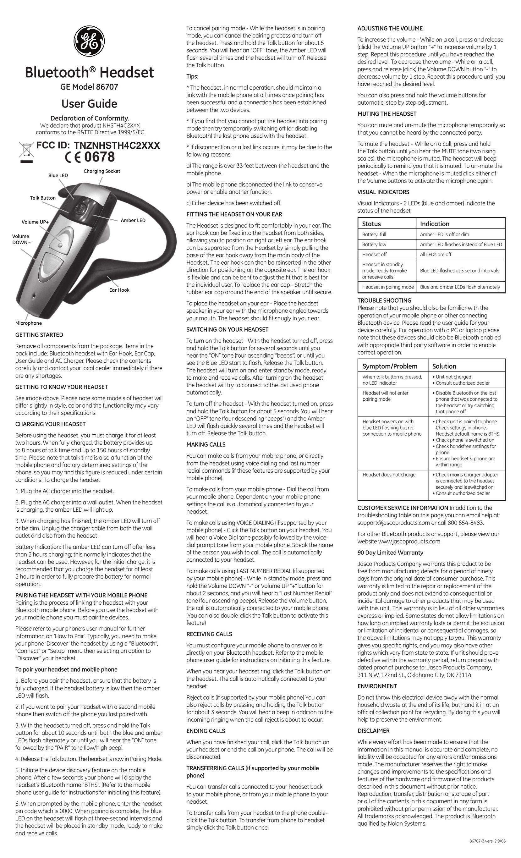 Jasco 86707 Headphones User Manual