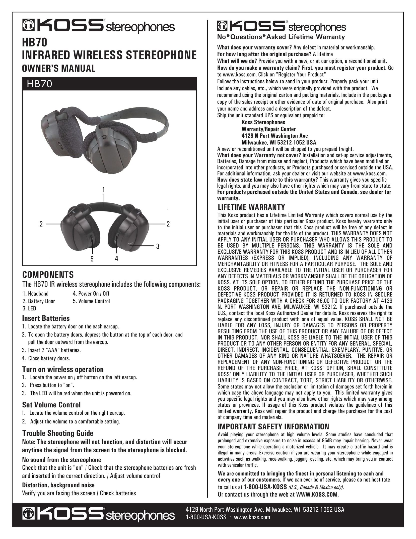 Koss HB 70 Headphones User Manual