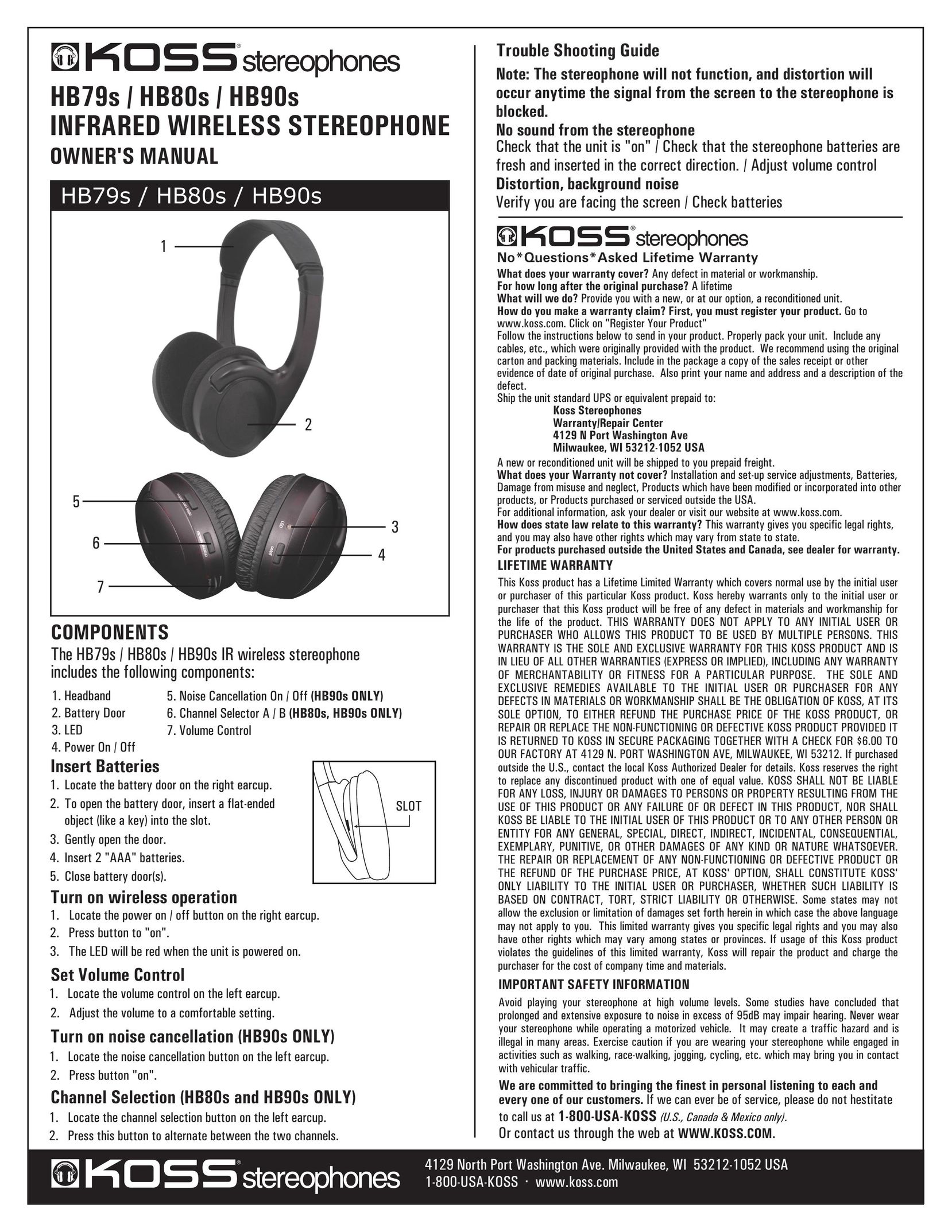 Koss HB90S Headphones User Manual