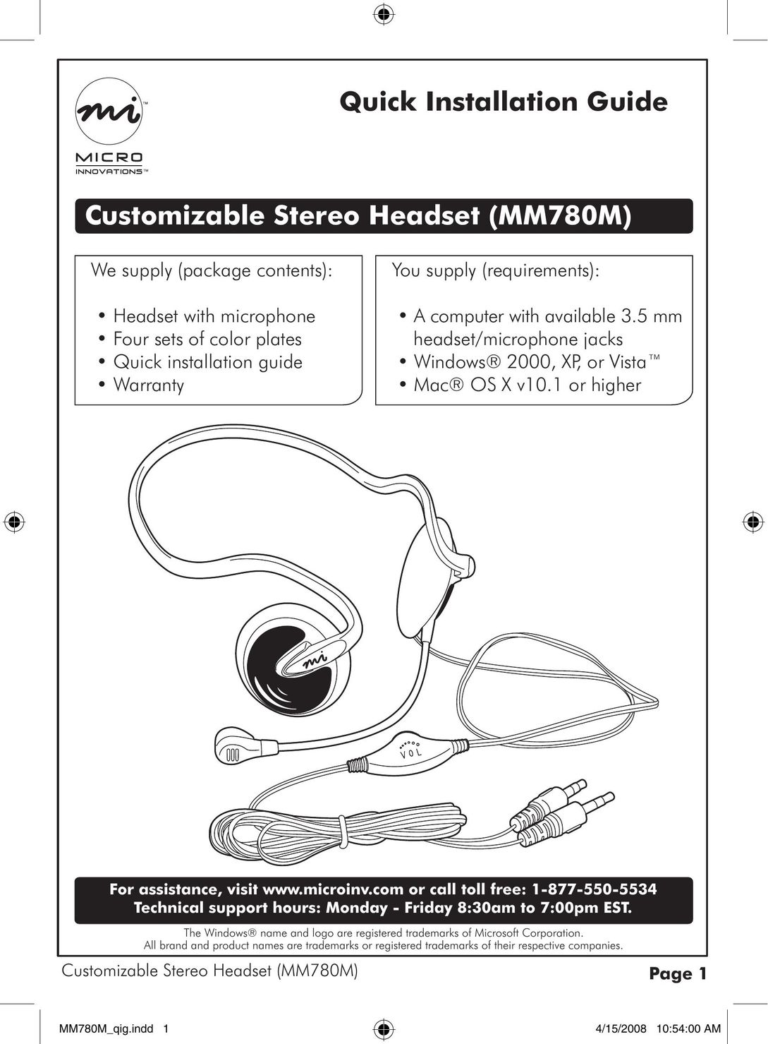Micro Innovations MM780M Headphones User Manual