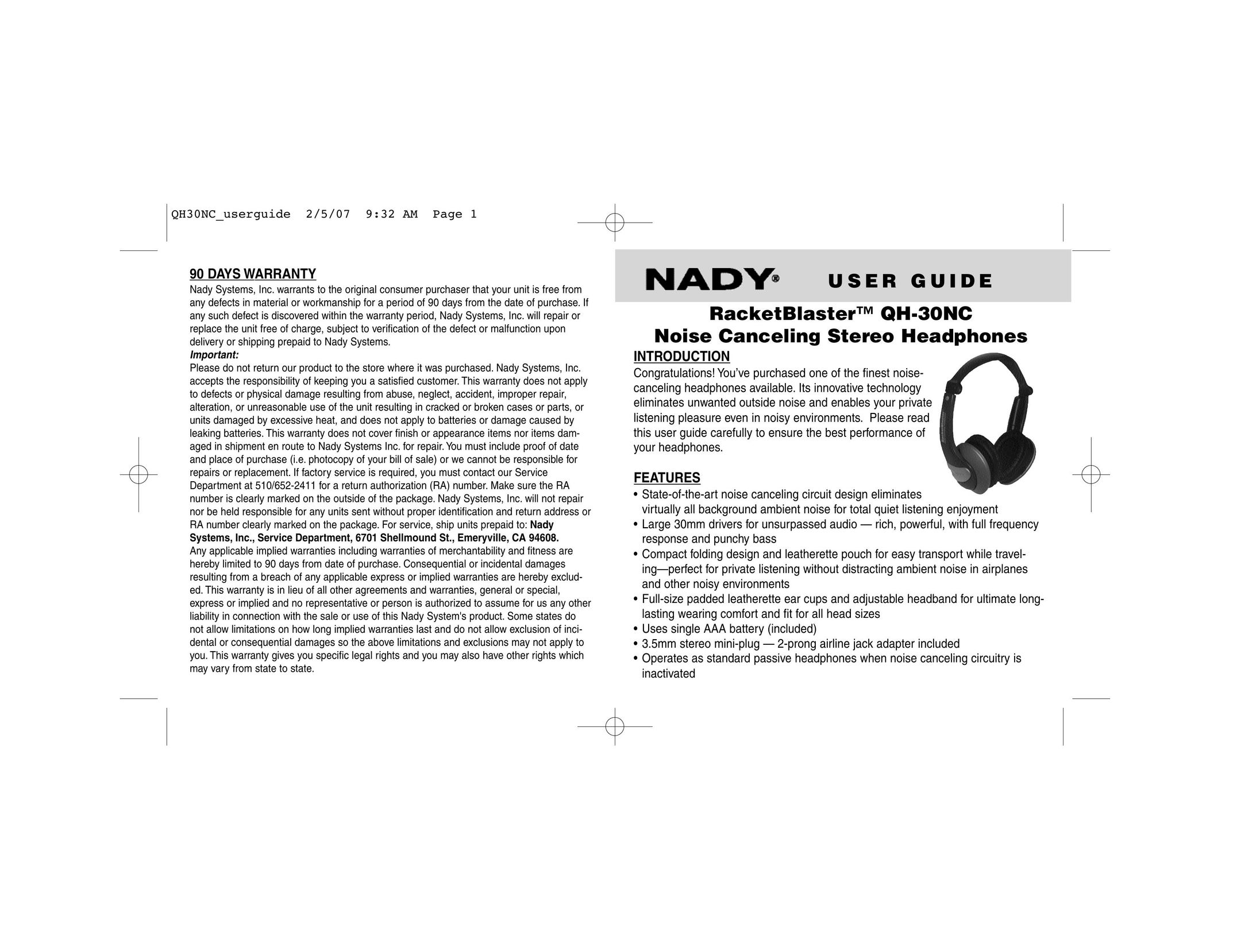 Nady Systems QH-30NC Headphones User Manual