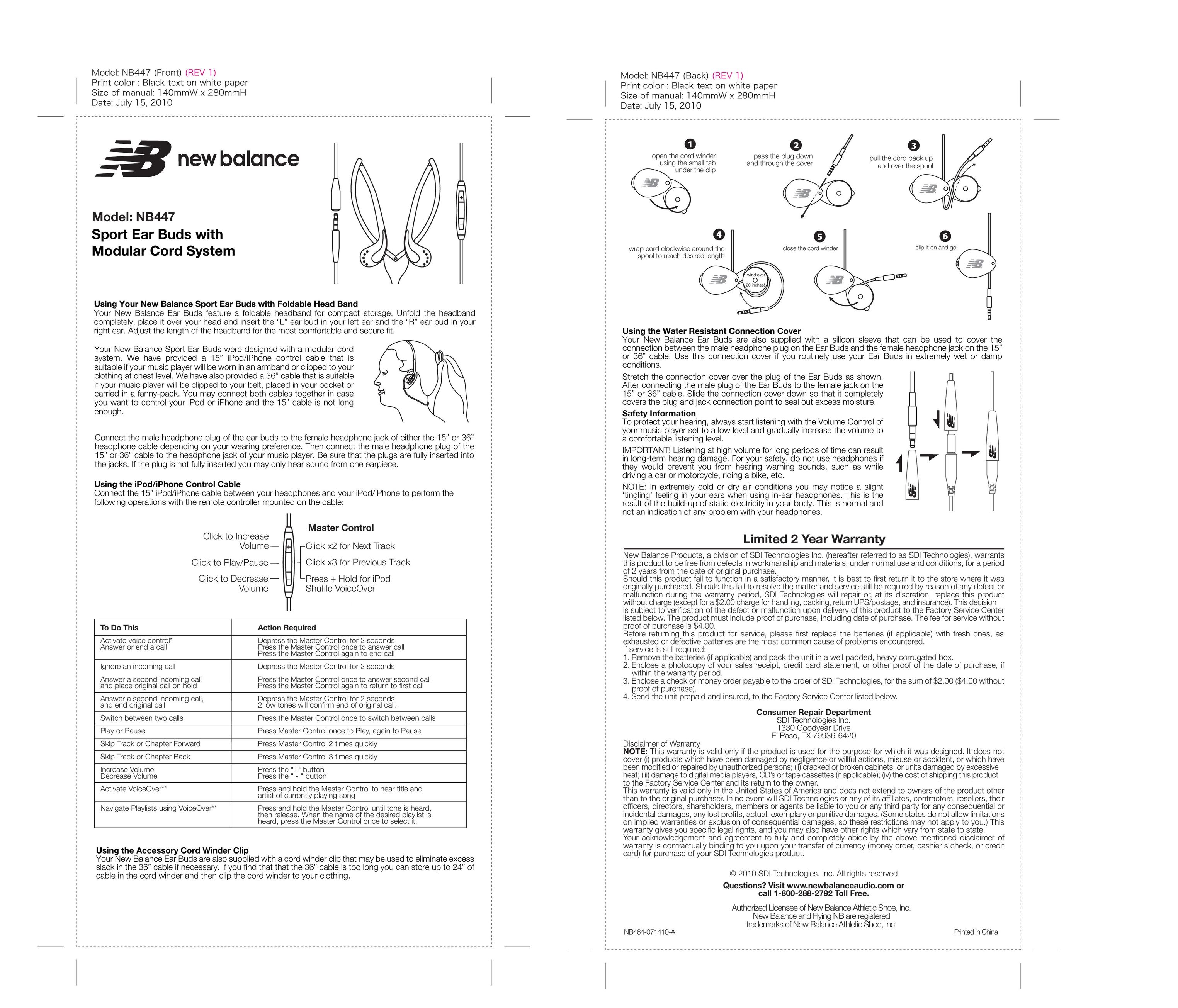 New Balance NB447 Headphones User Manual