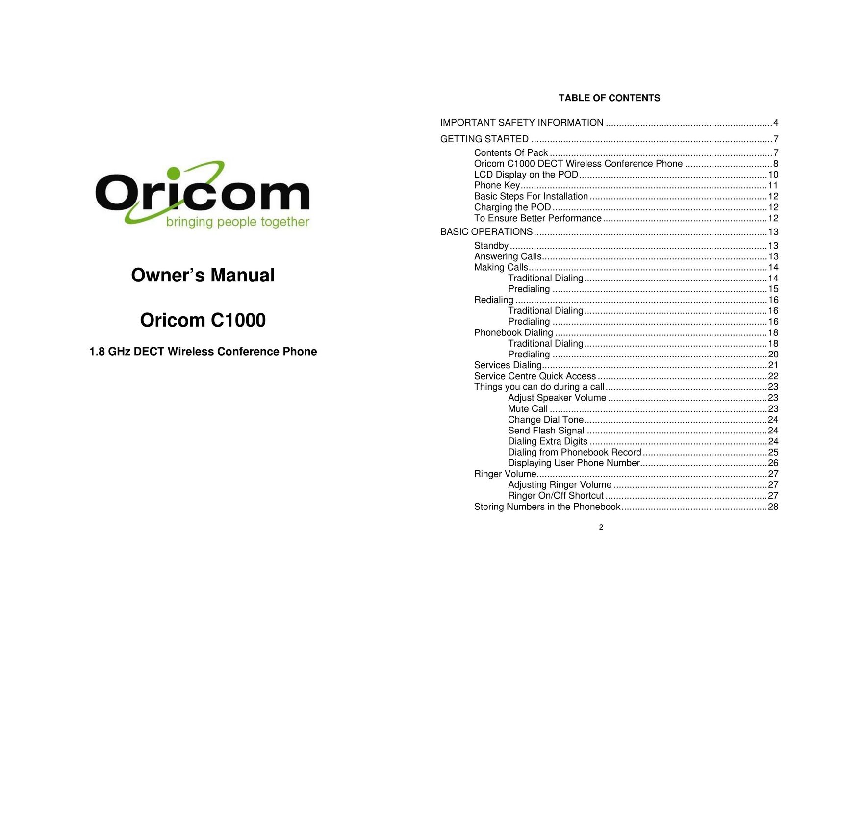 Oricom C1000 1.8 GHz Headphones User Manual