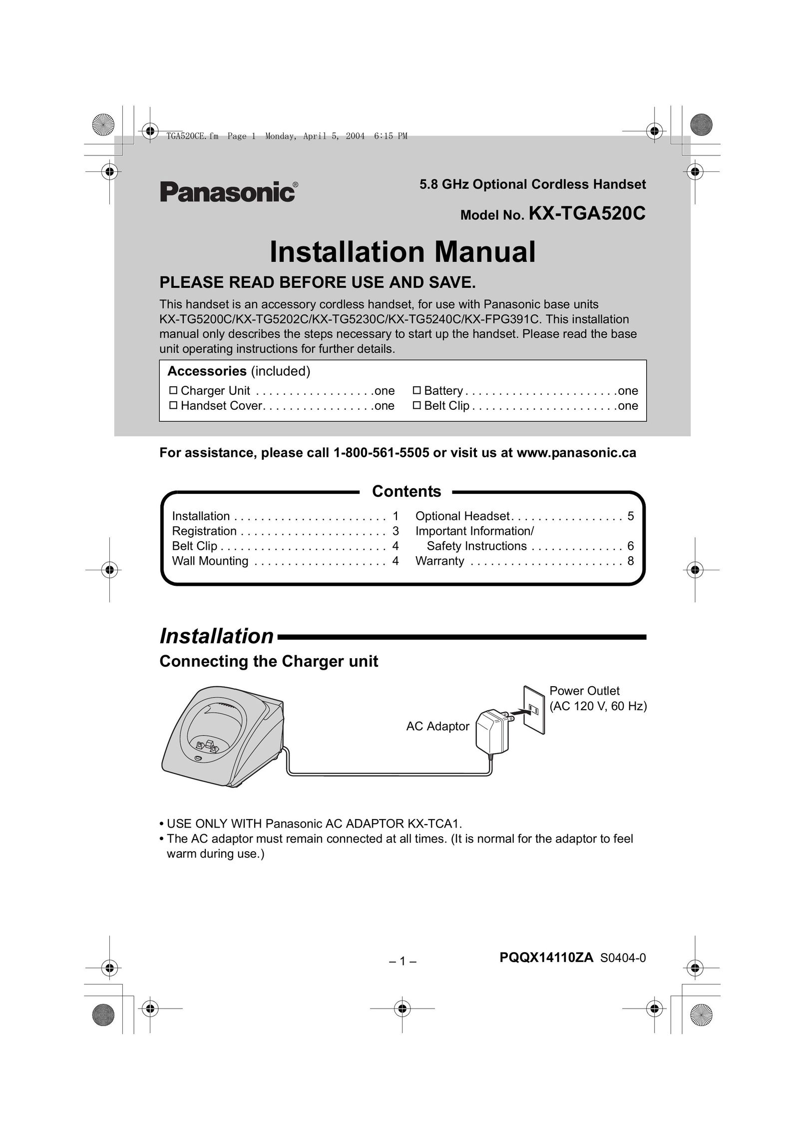 Panasonic KX-TGA520C Headphones User Manual