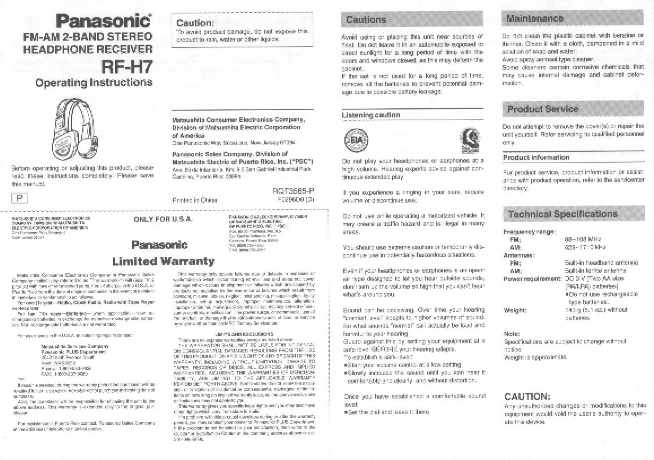 Panasonic RF-H7 Headphones User Manual