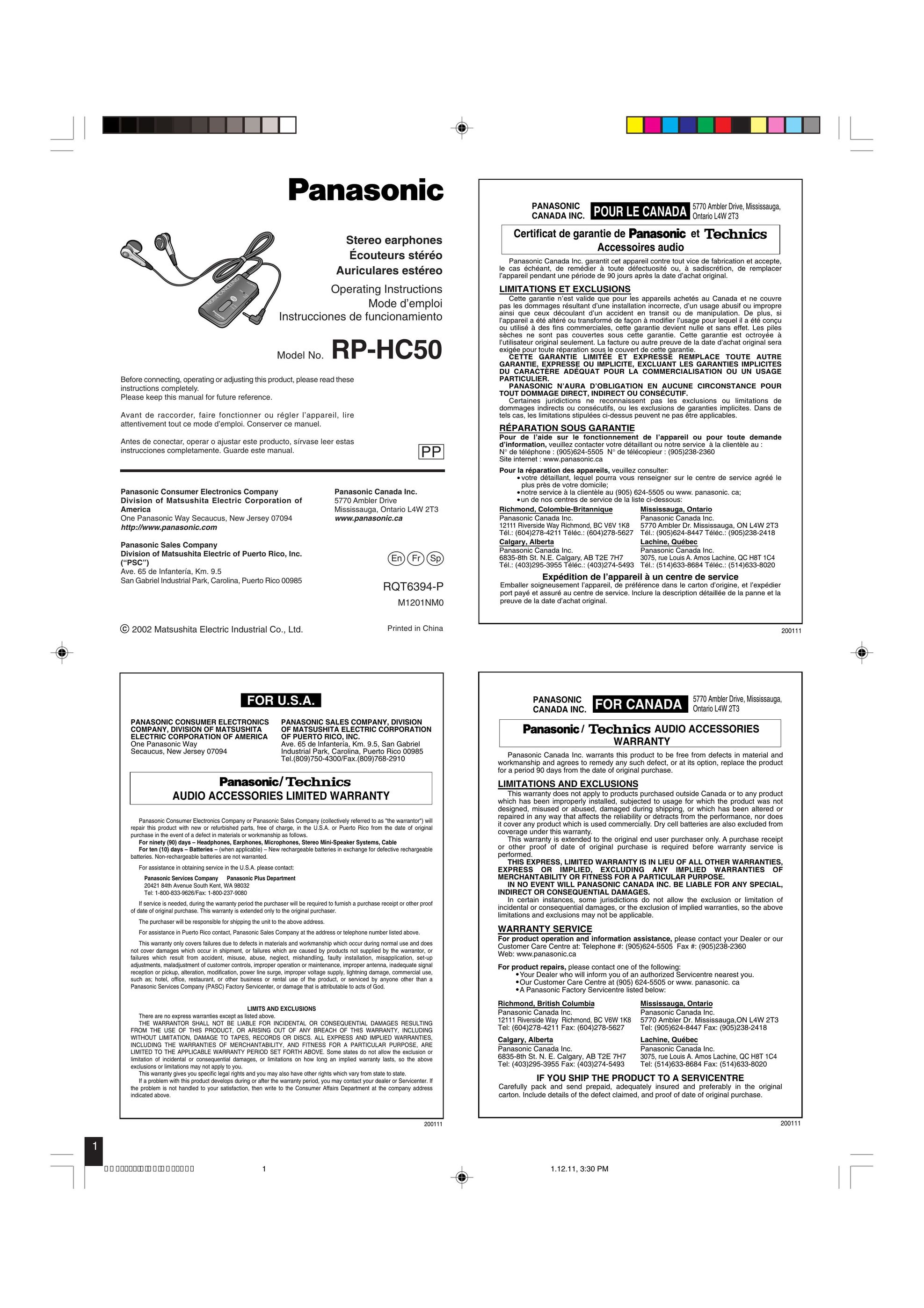 Panasonic RP HC50 Headphones User Manual