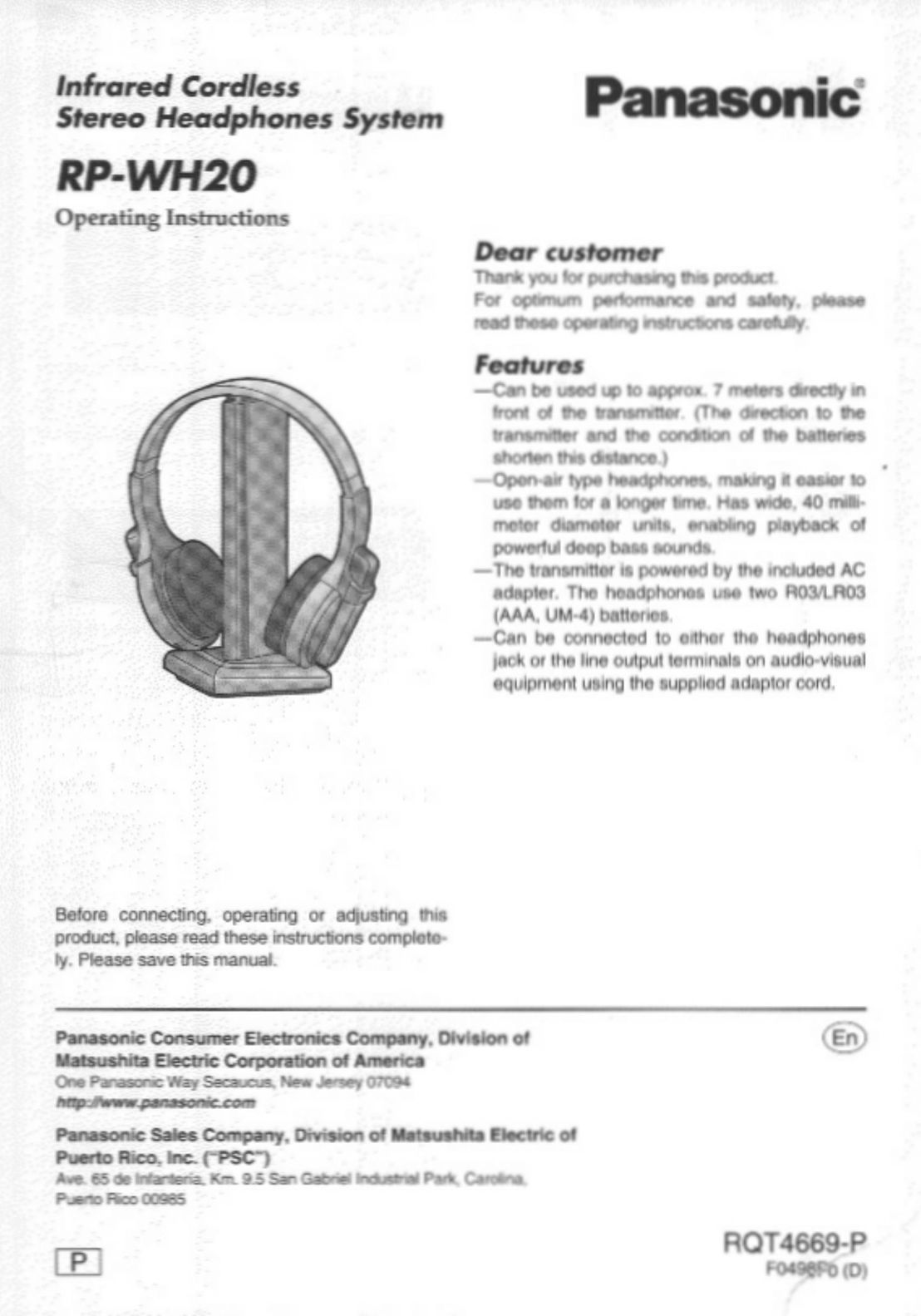 Panasonic RP WH20 Headphones User Manual
