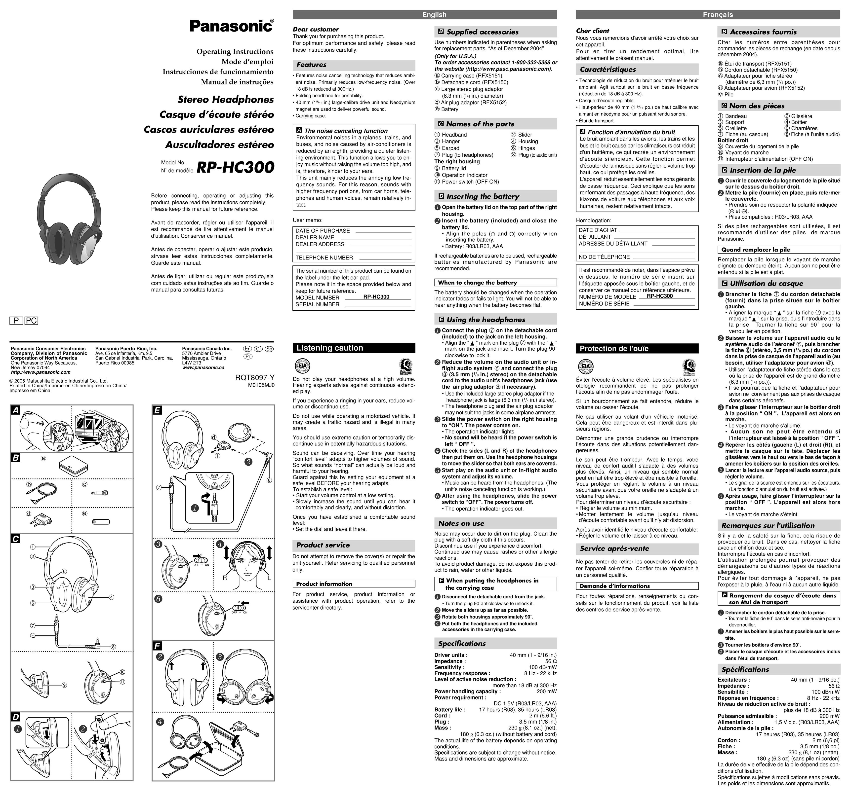 Panasonic RP-HC300 Headphones User Manual