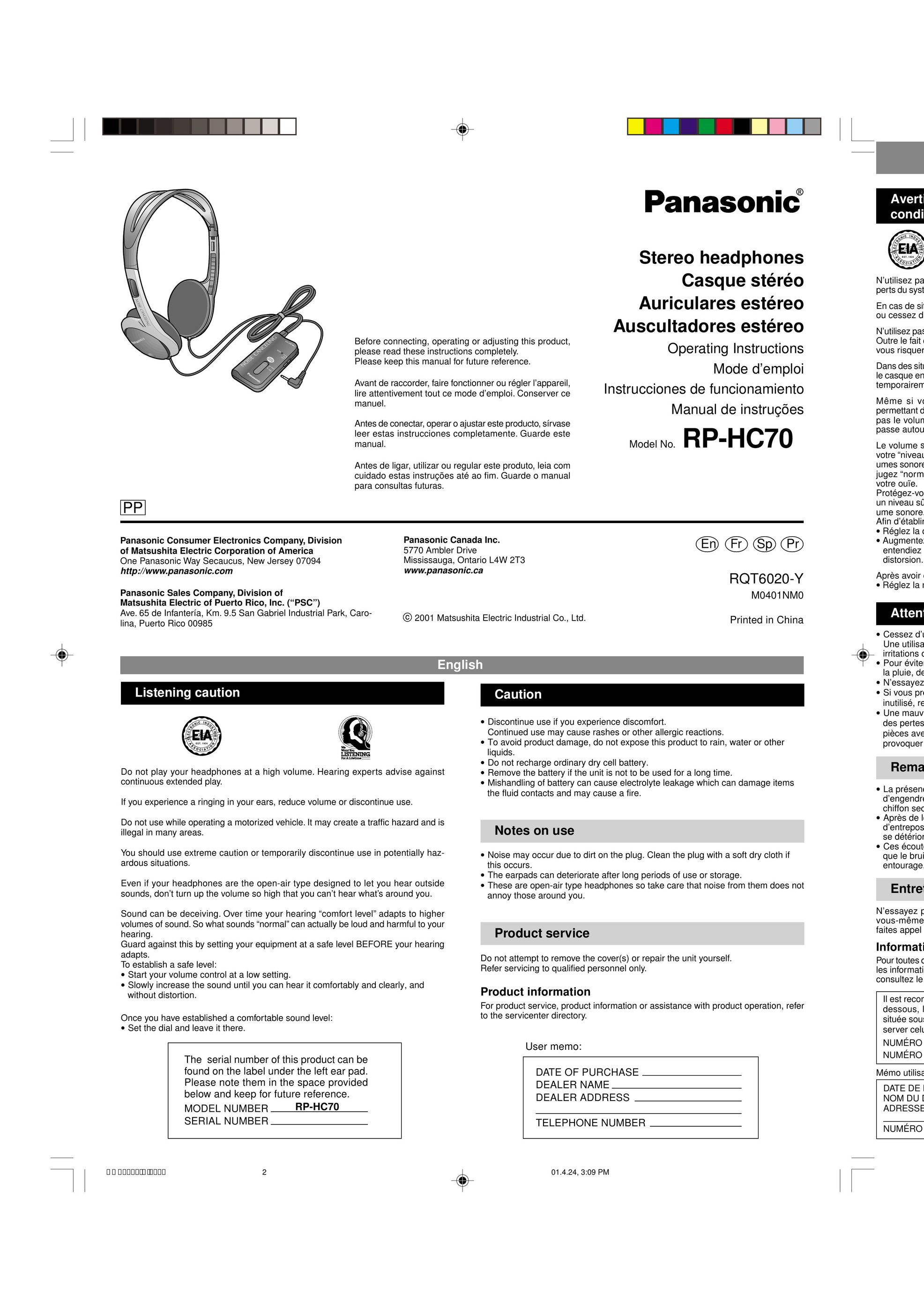 Panasonic RP-HC70 Headphones User Manual