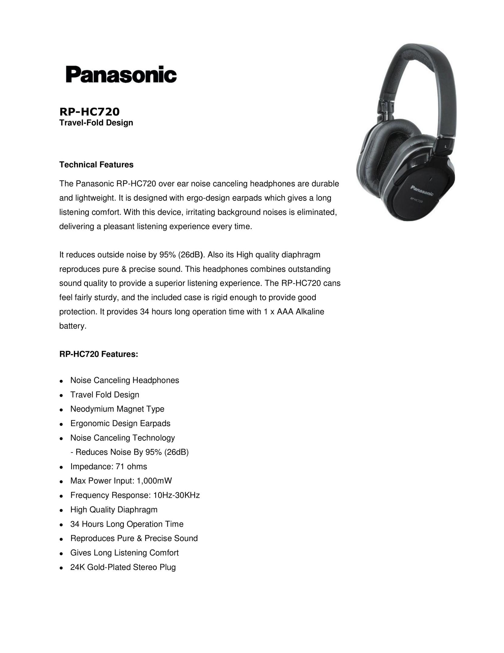 Panasonic RPHC720K Headphones User Manual