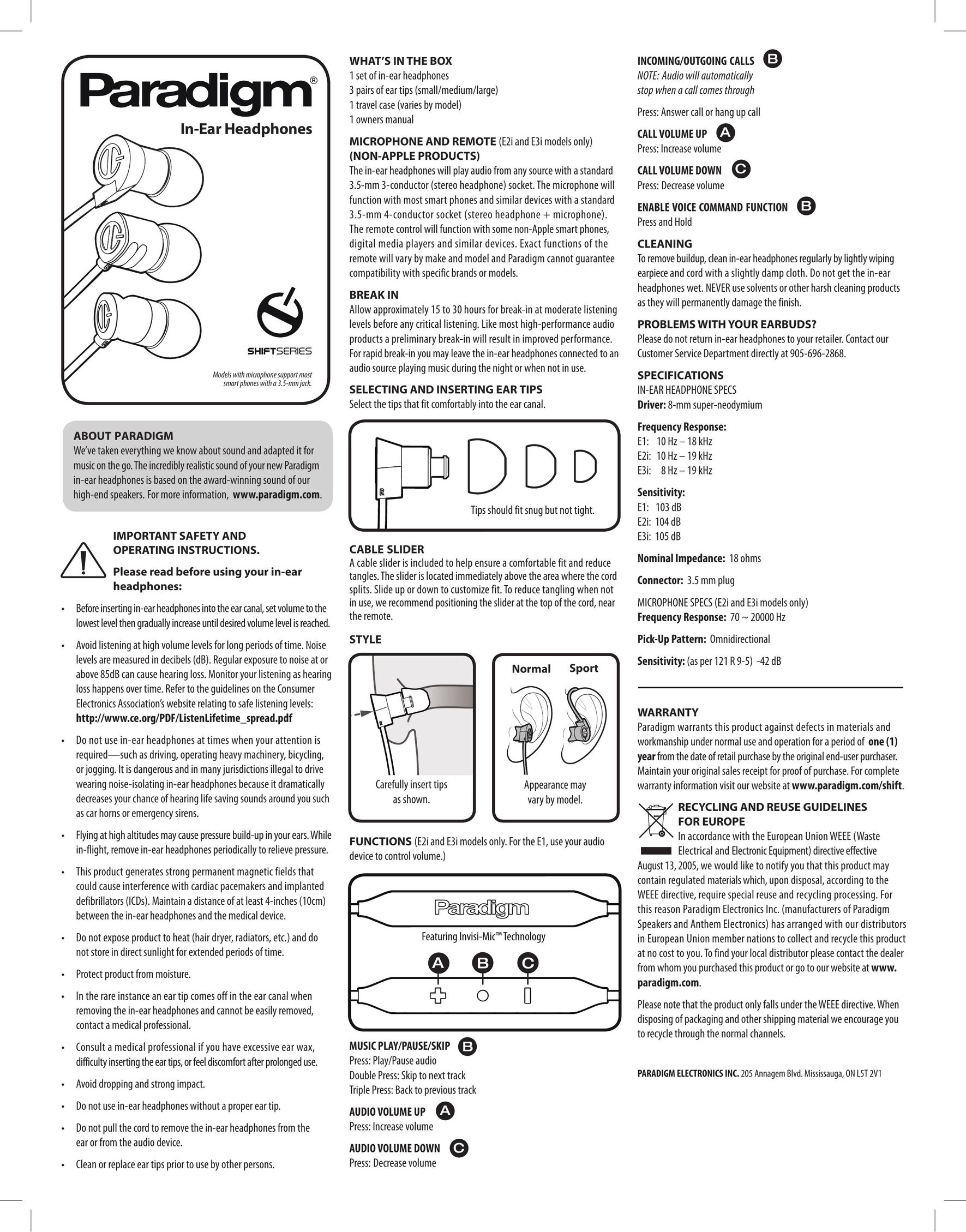 Paradigm E2i Headphones User Manual