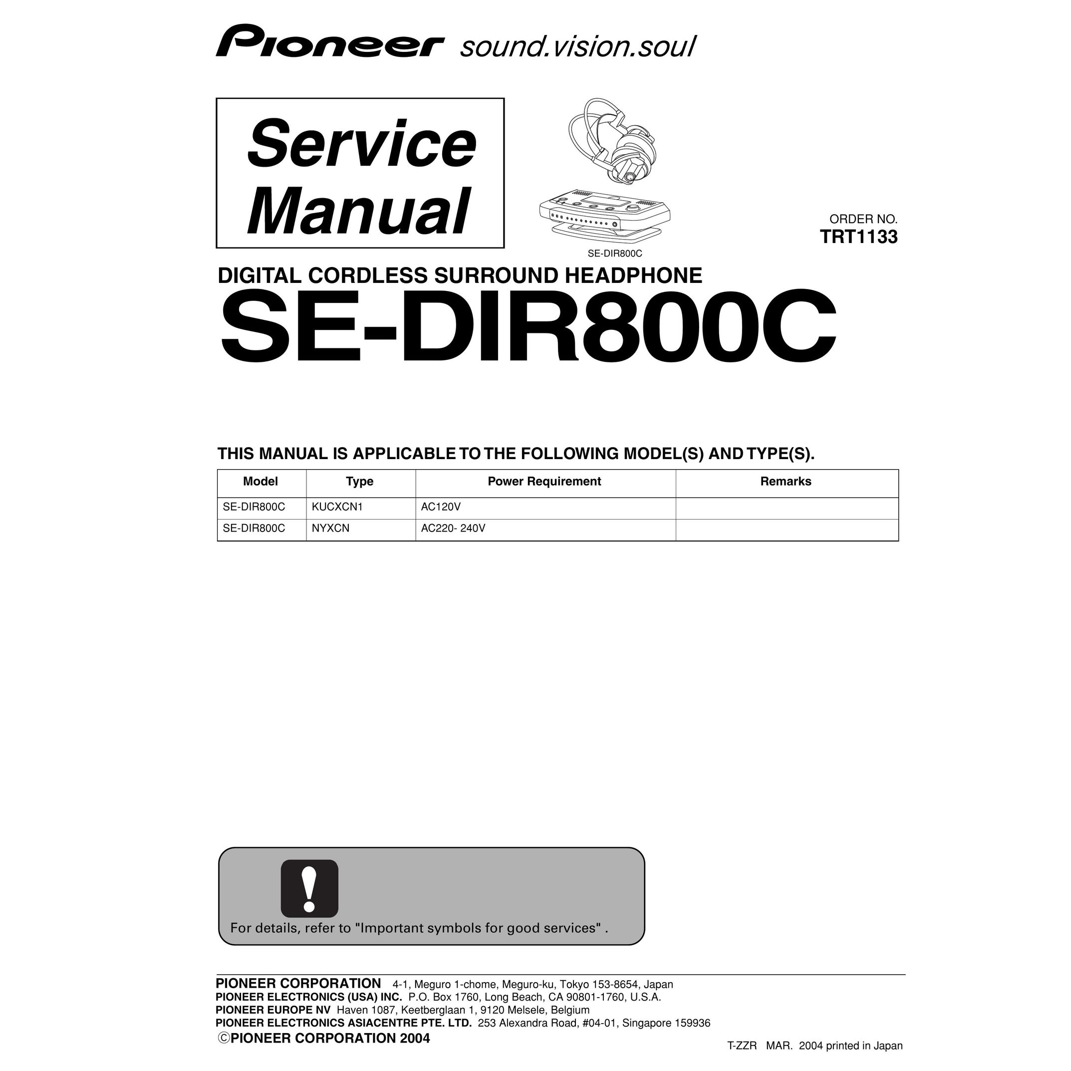 Pioneer SE-DIR800C Headphones User Manual