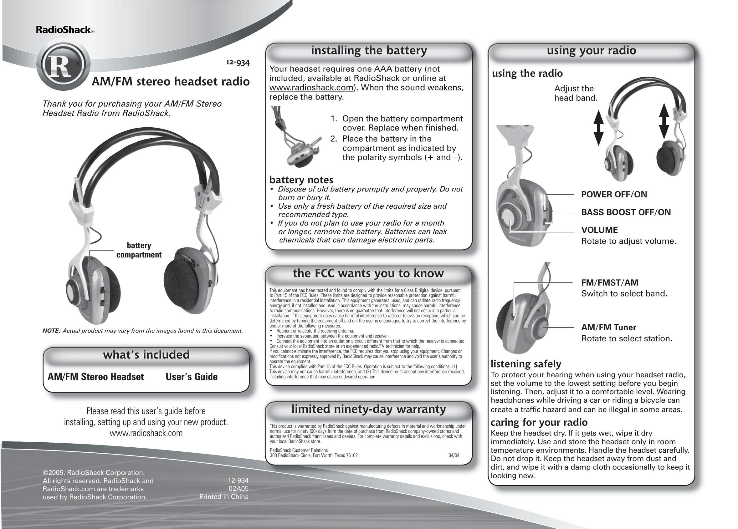 Radio Shack 12-934 Headphones User Manual