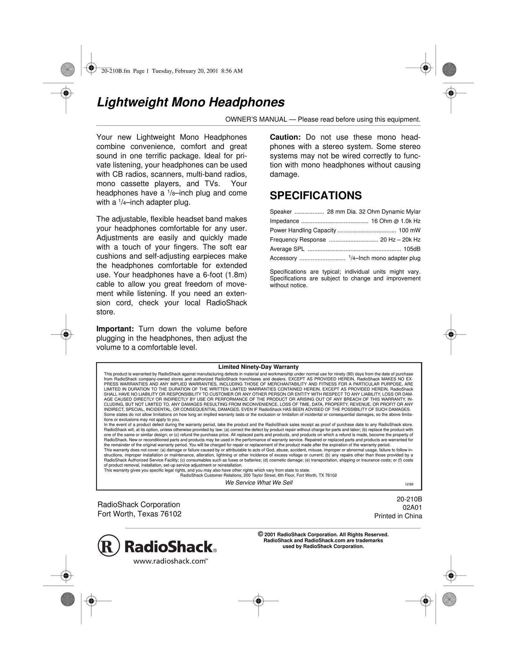 Radio Shack 20-210B Headphones User Manual