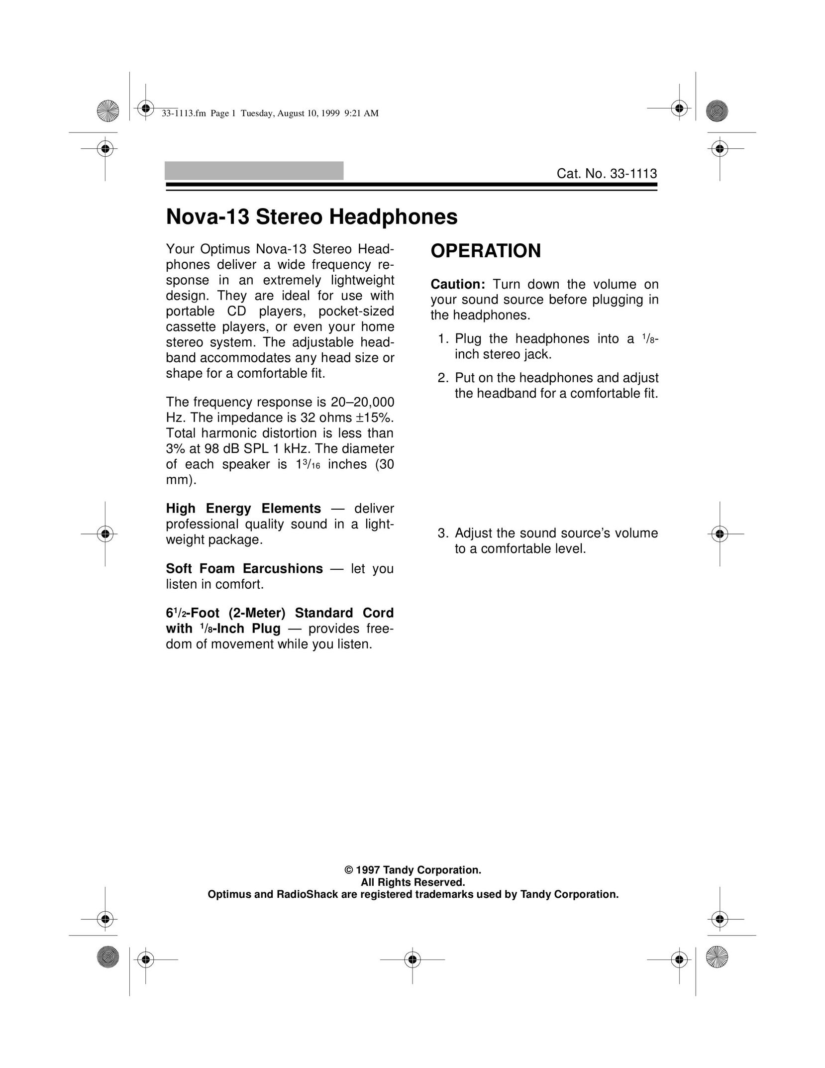 Radio Shack 33-1113 Headphones User Manual