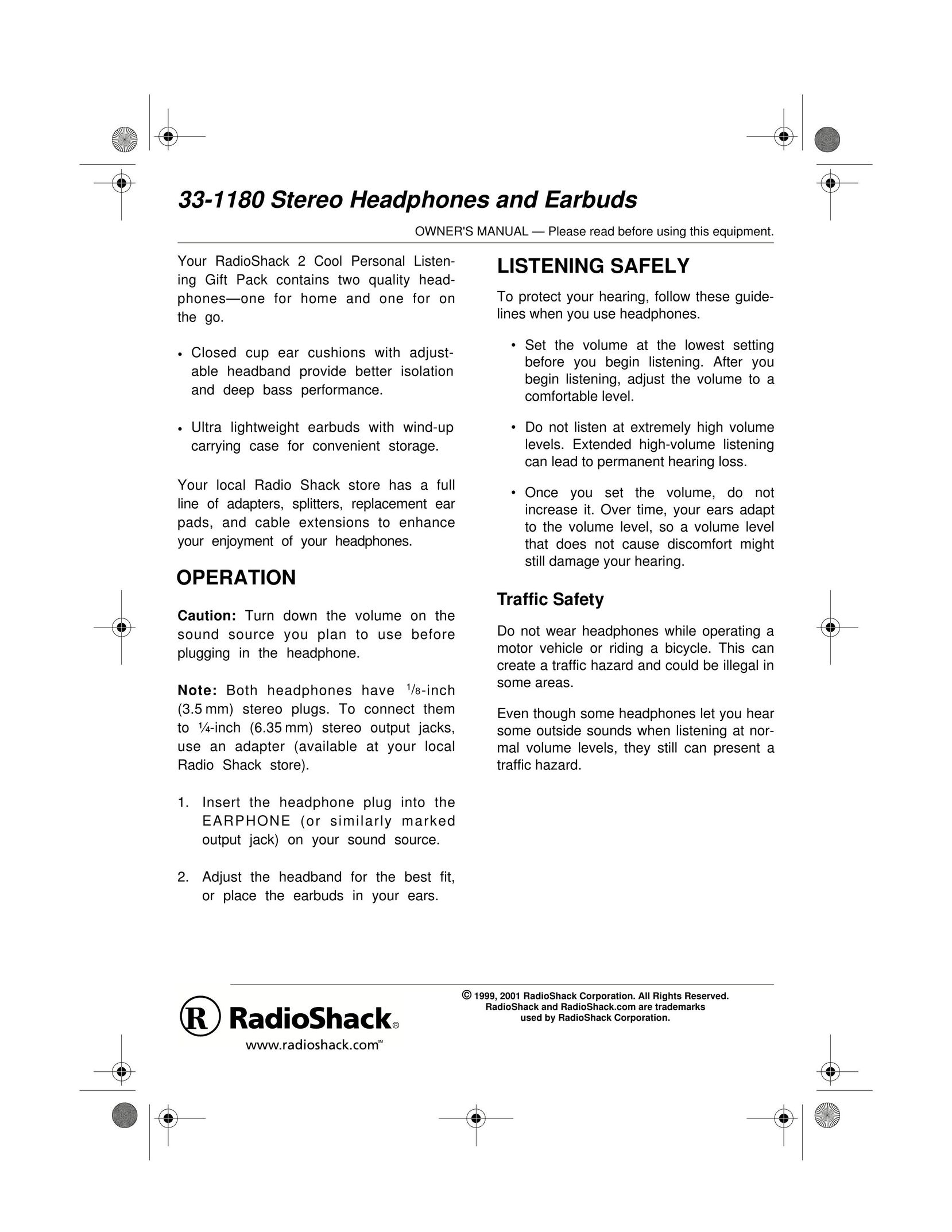 Radio Shack 33-1180 Headphones User Manual