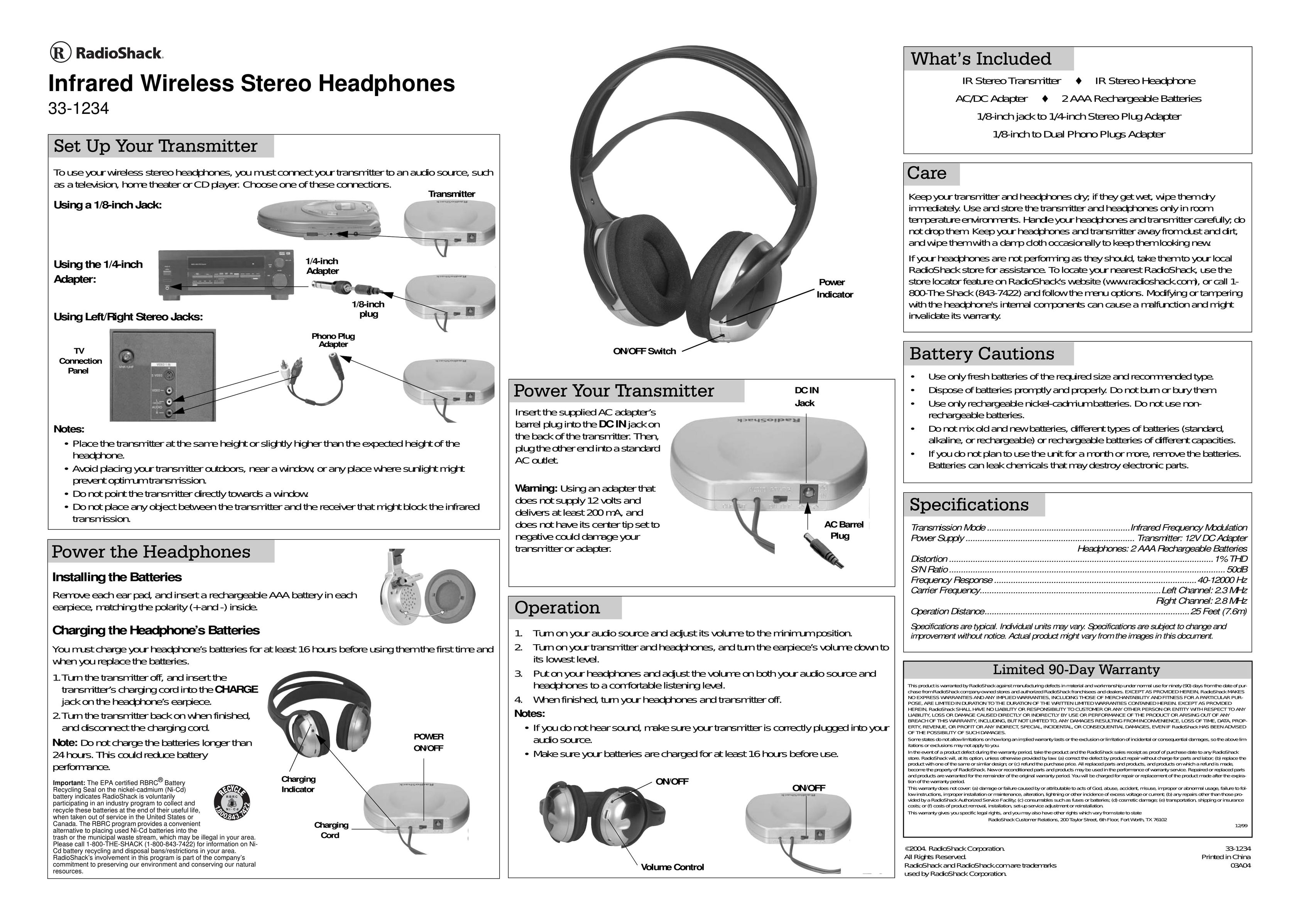 Radio Shack 33-1234 Headphones User Manual