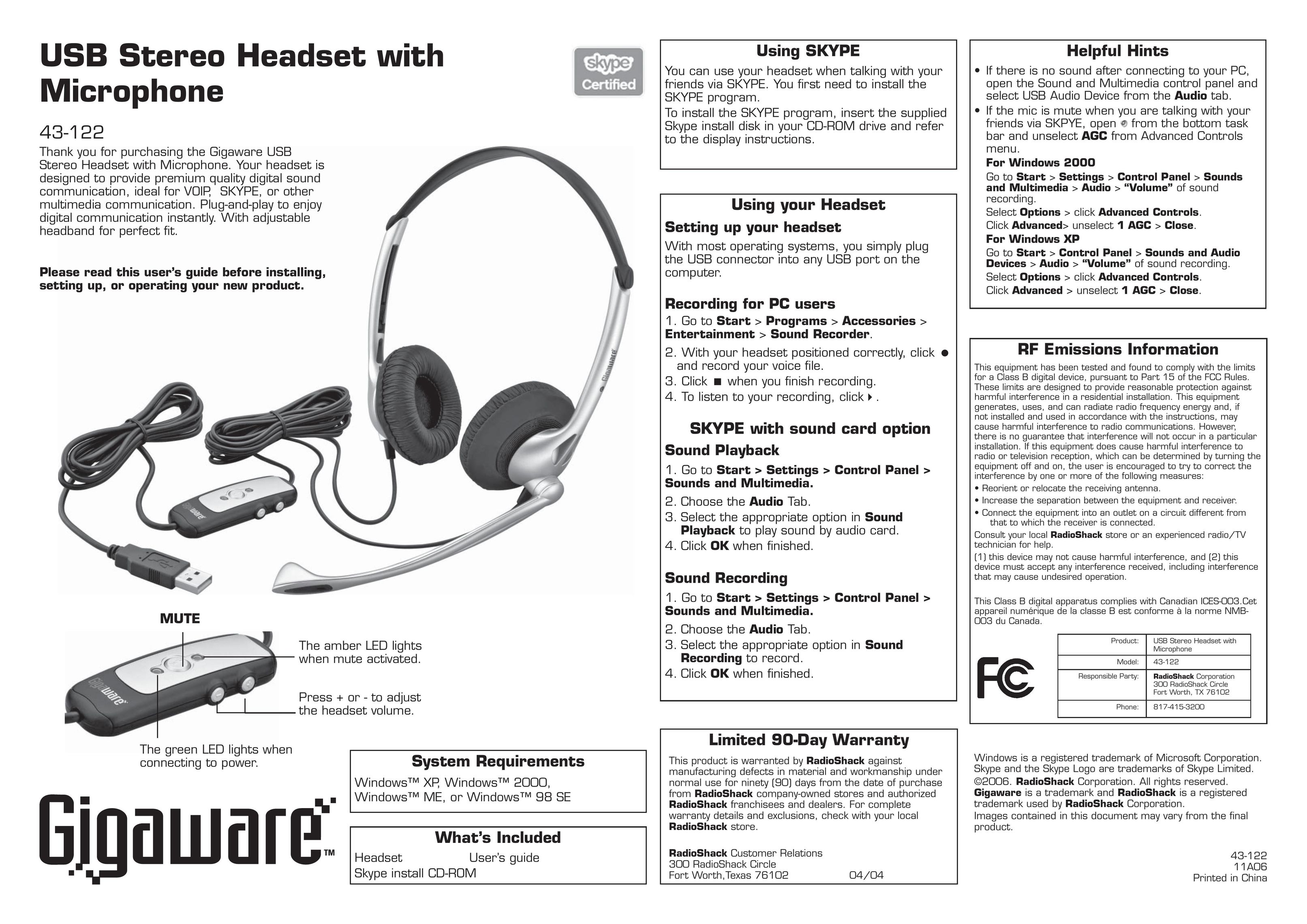 Radio Shack 43-122 Headphones User Manual