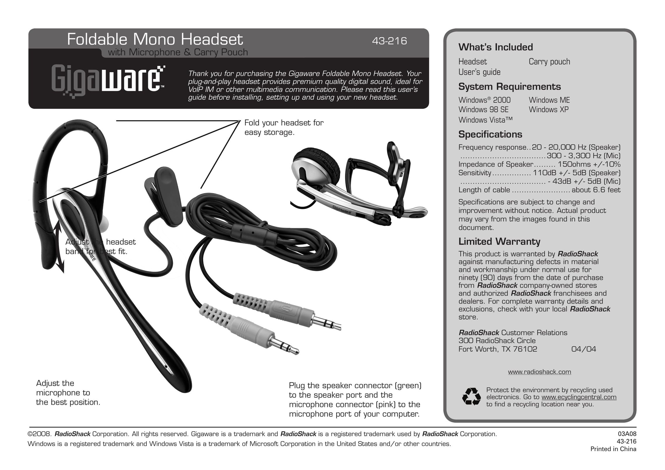 Radio Shack 43-216 Headphones User Manual