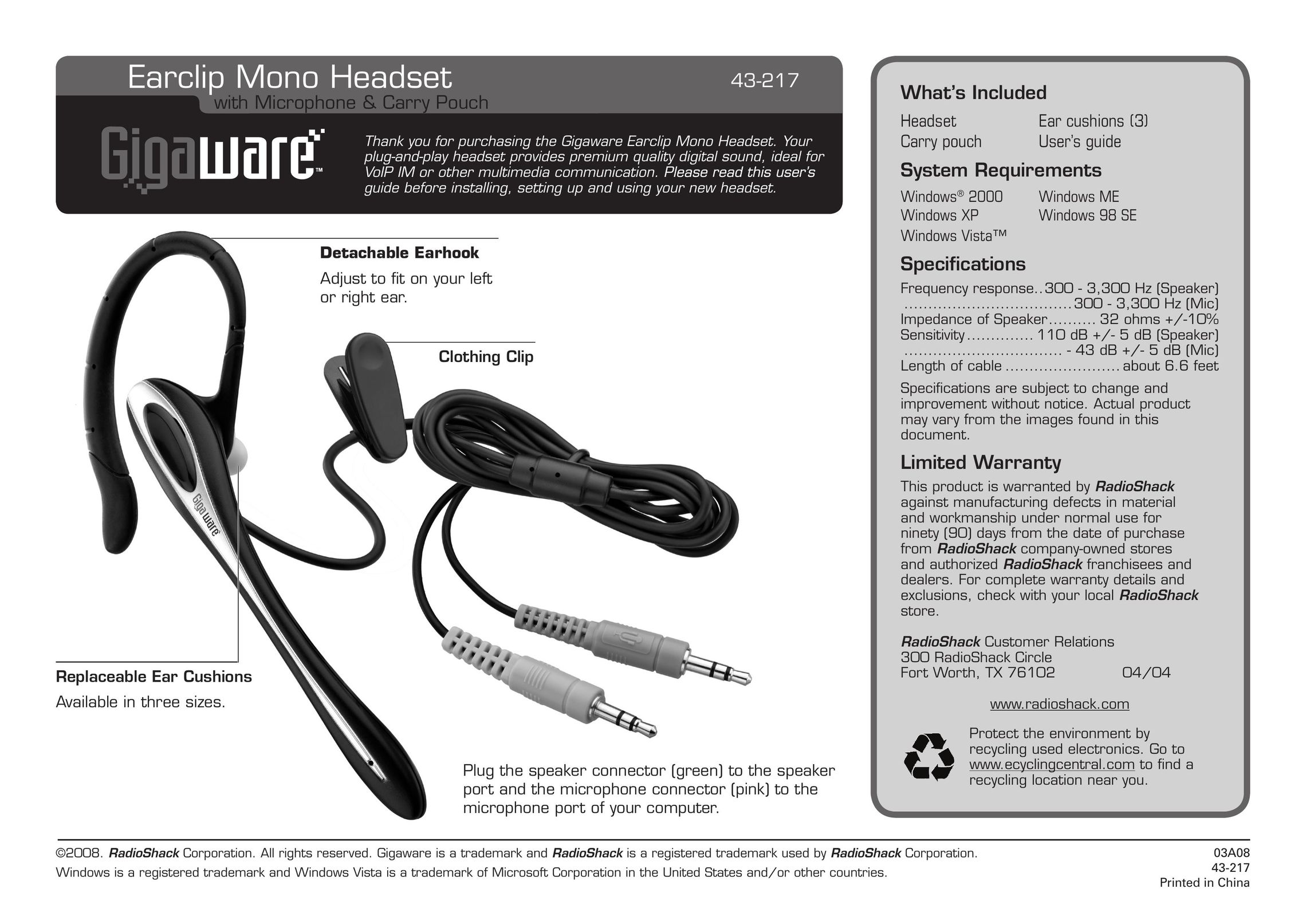 Radio Shack 43-217 Headphones User Manual