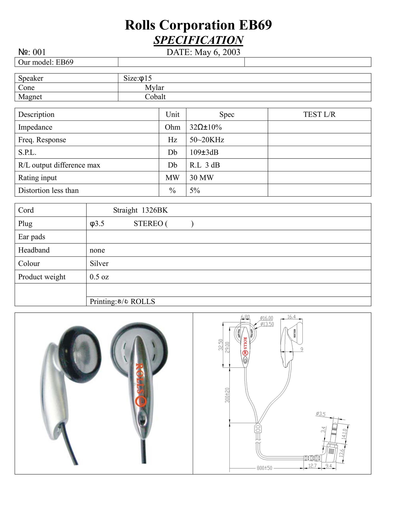 Rolls EB69 Headphones User Manual