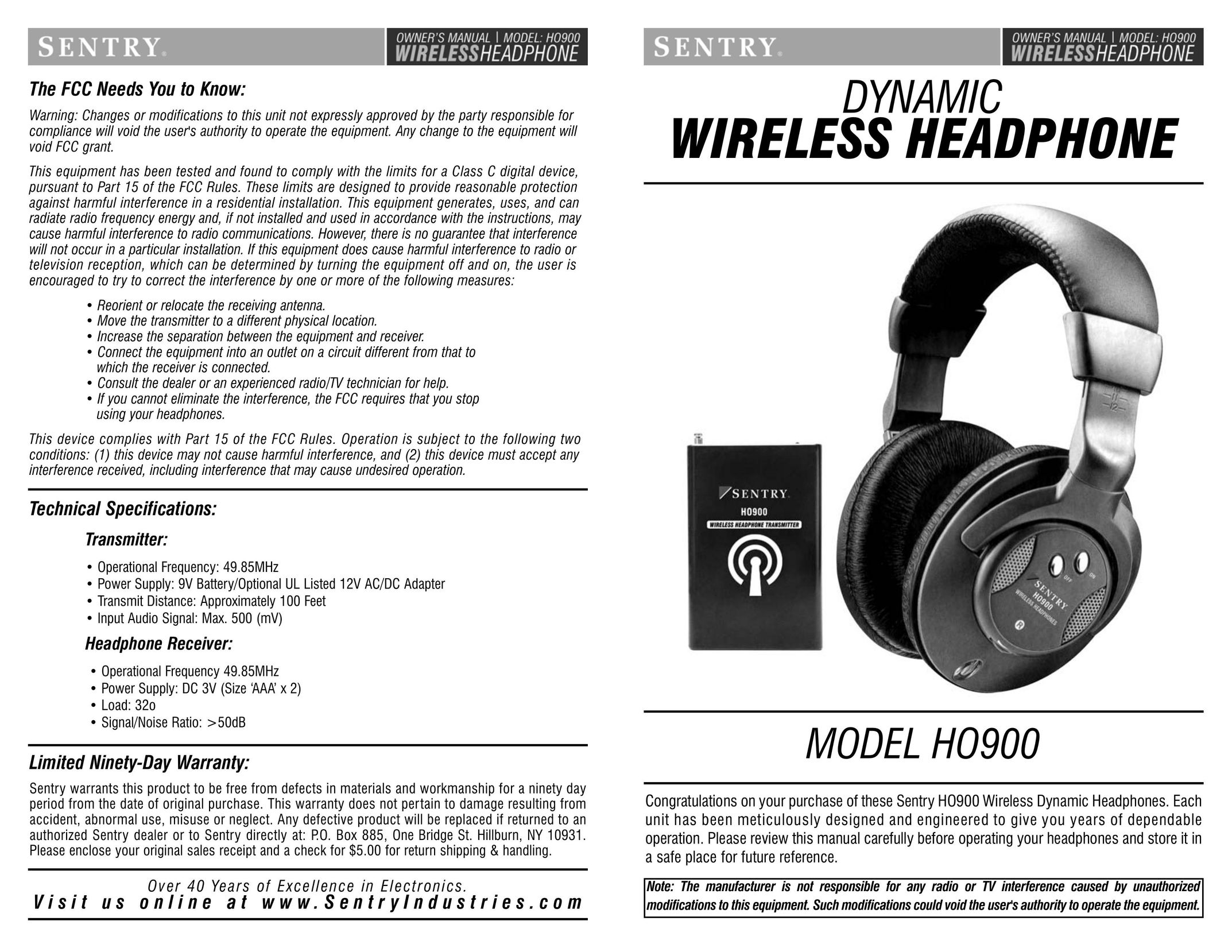 Sentry Industries HO900 Headphones User Manual