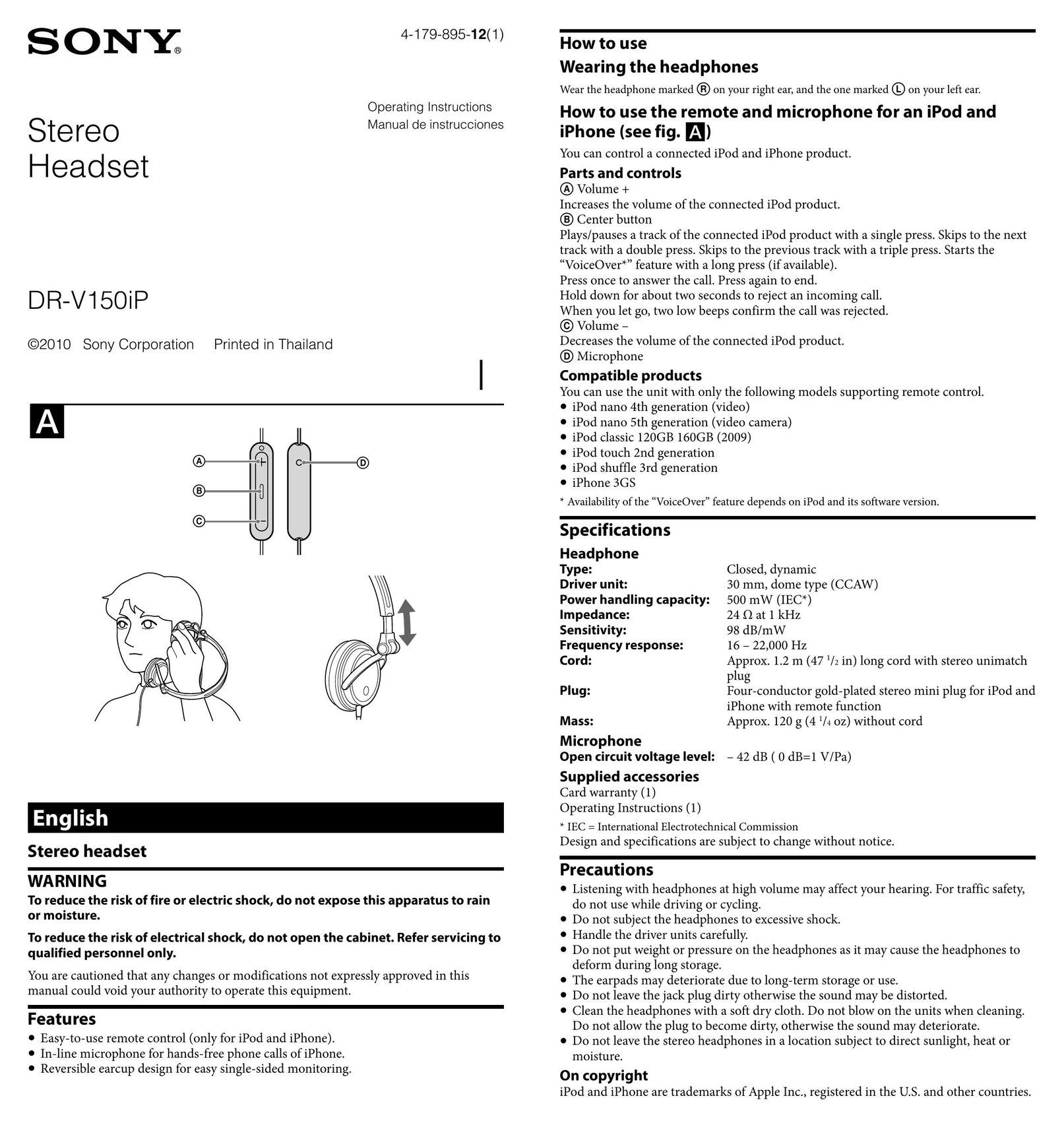 Sony DR-V150iP Headphones User Manual