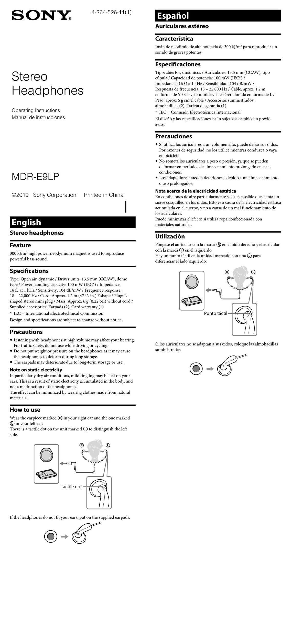 Sony E9LP/BLK Headphones User Manual