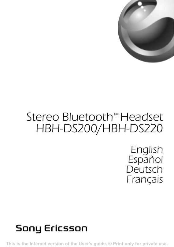 Sony Ericsson HBH-DS220 Headphones User Manual