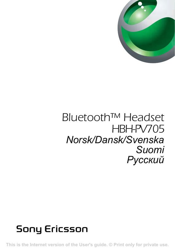 Sony Ericsson HBH-PV705 Headphones User Manual