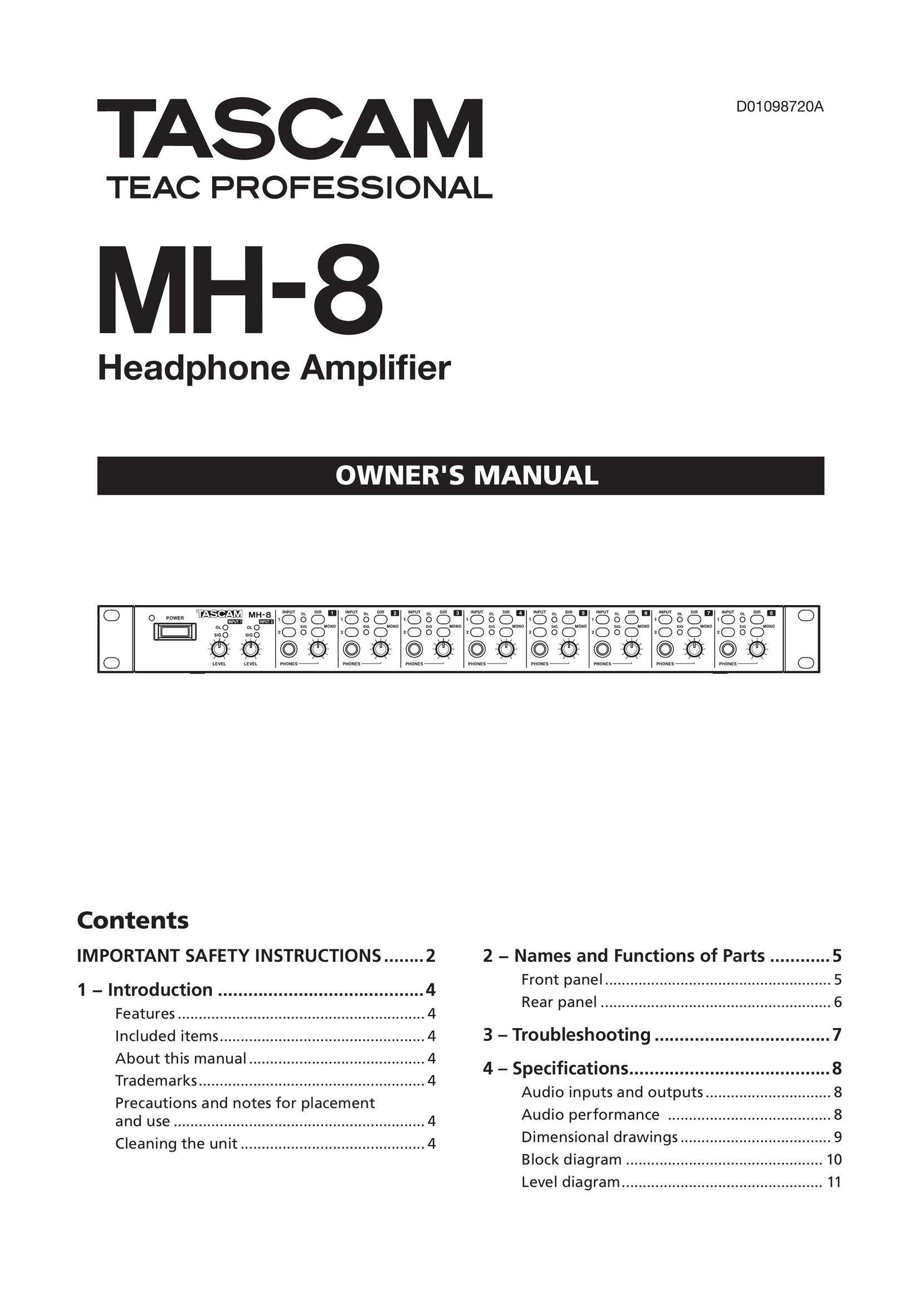 Tascam MH-8 Headphones User Manual