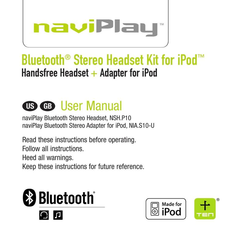 TEN Technology naviPlay Bluetooth Stereo Headset Kit for iPod Headphones User Manual