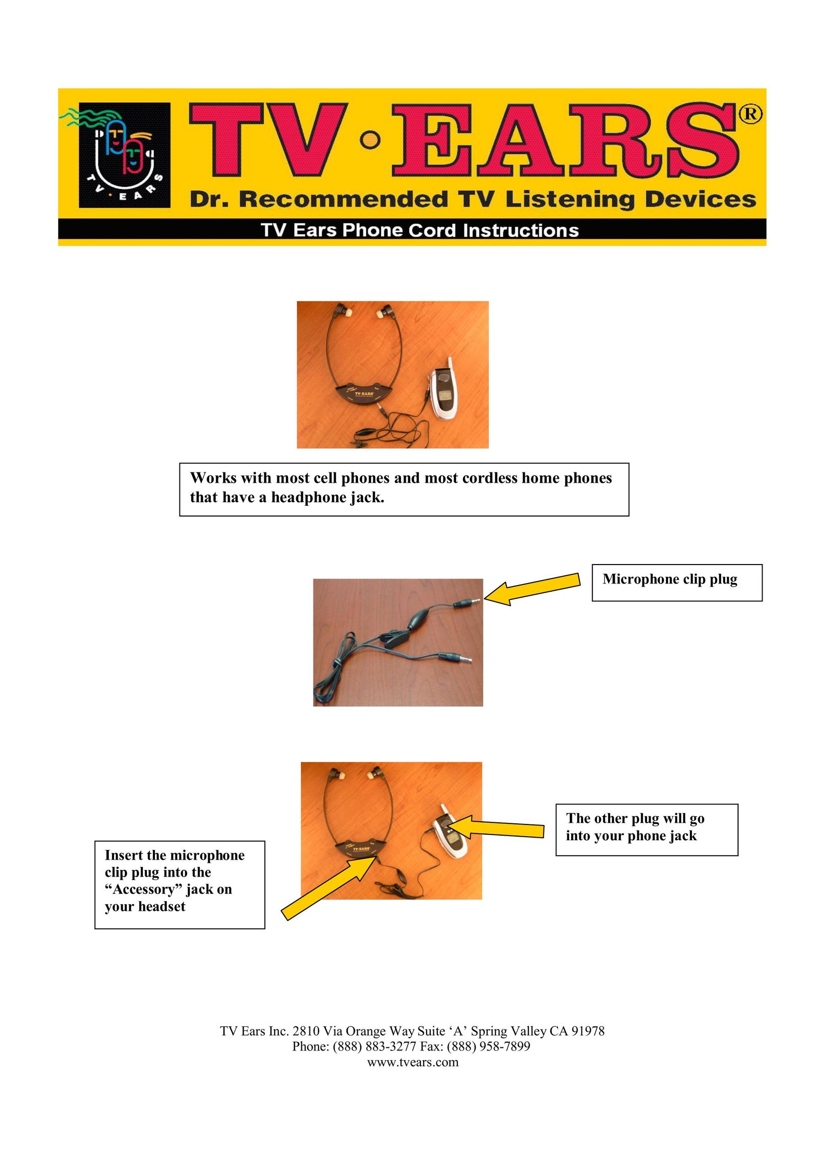 TV Ears Phone Cord Headphones User Manual