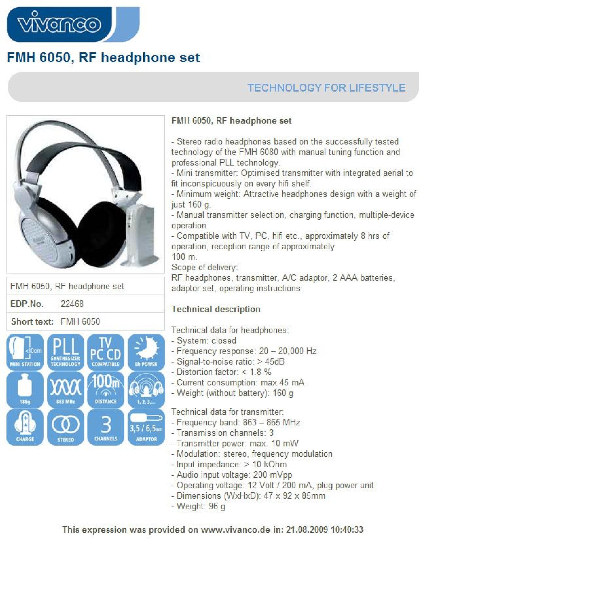 Vivanco FMH 6050 Headphones User Manual