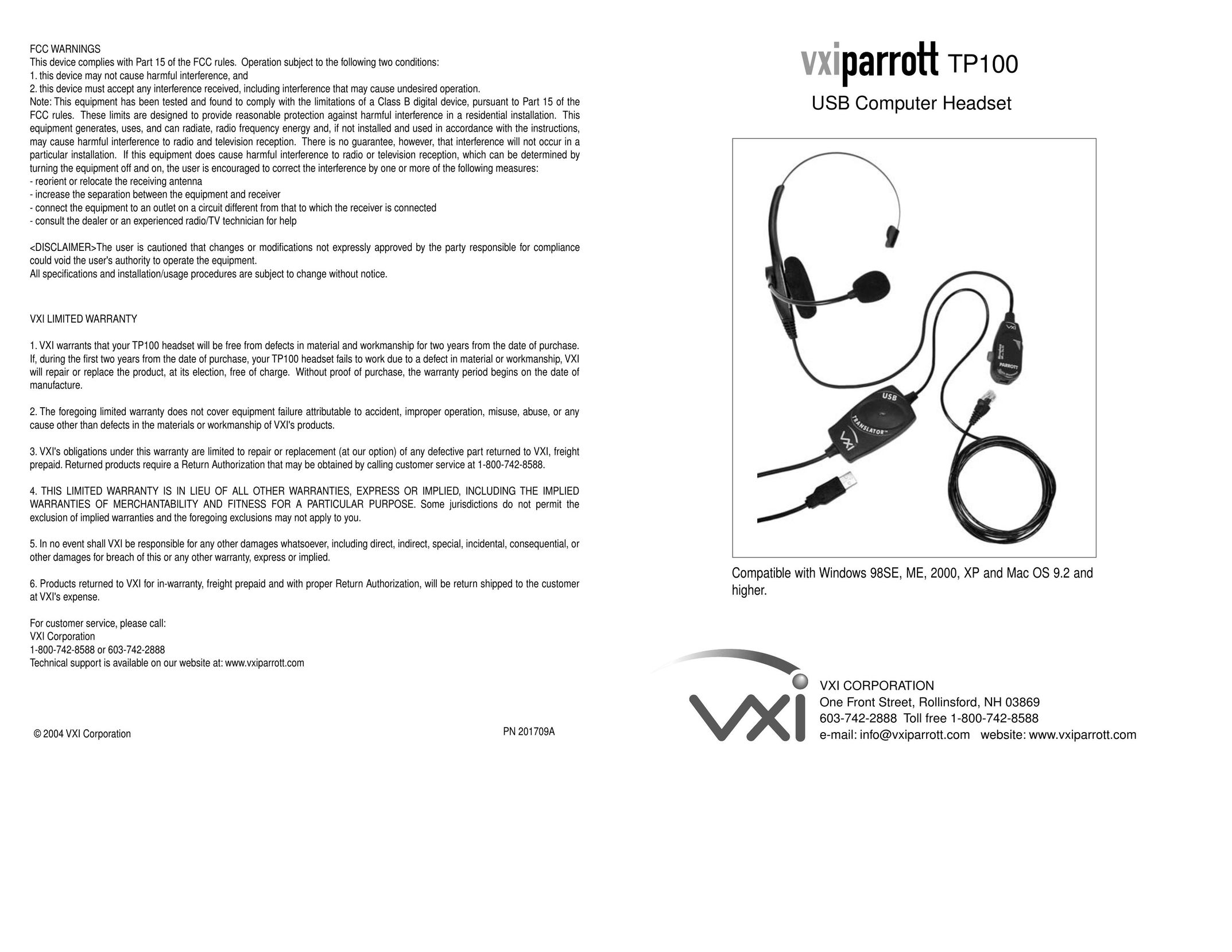 VXI TP100 Headphones User Manual