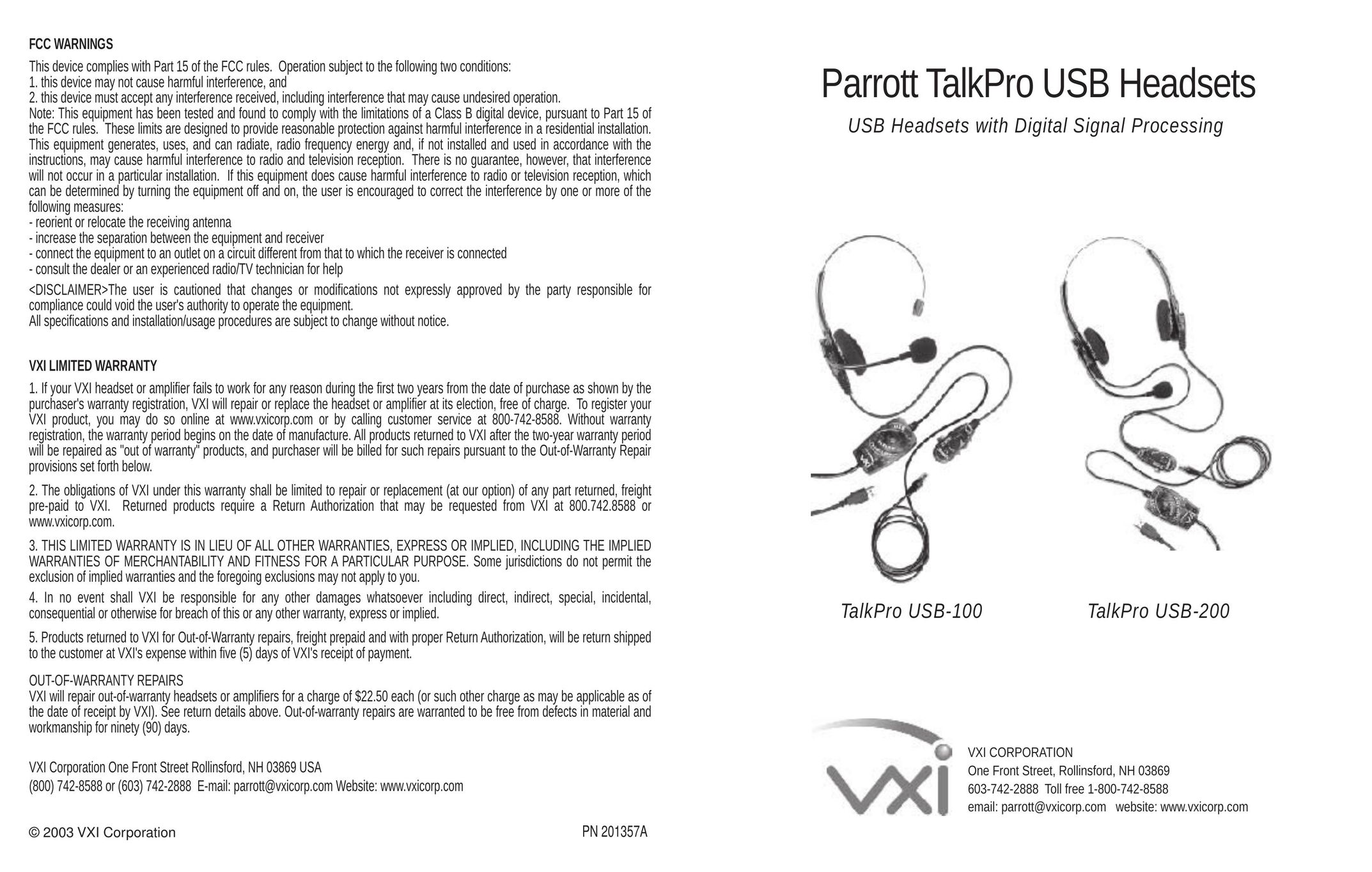 VXI USB 200 Headphones User Manual