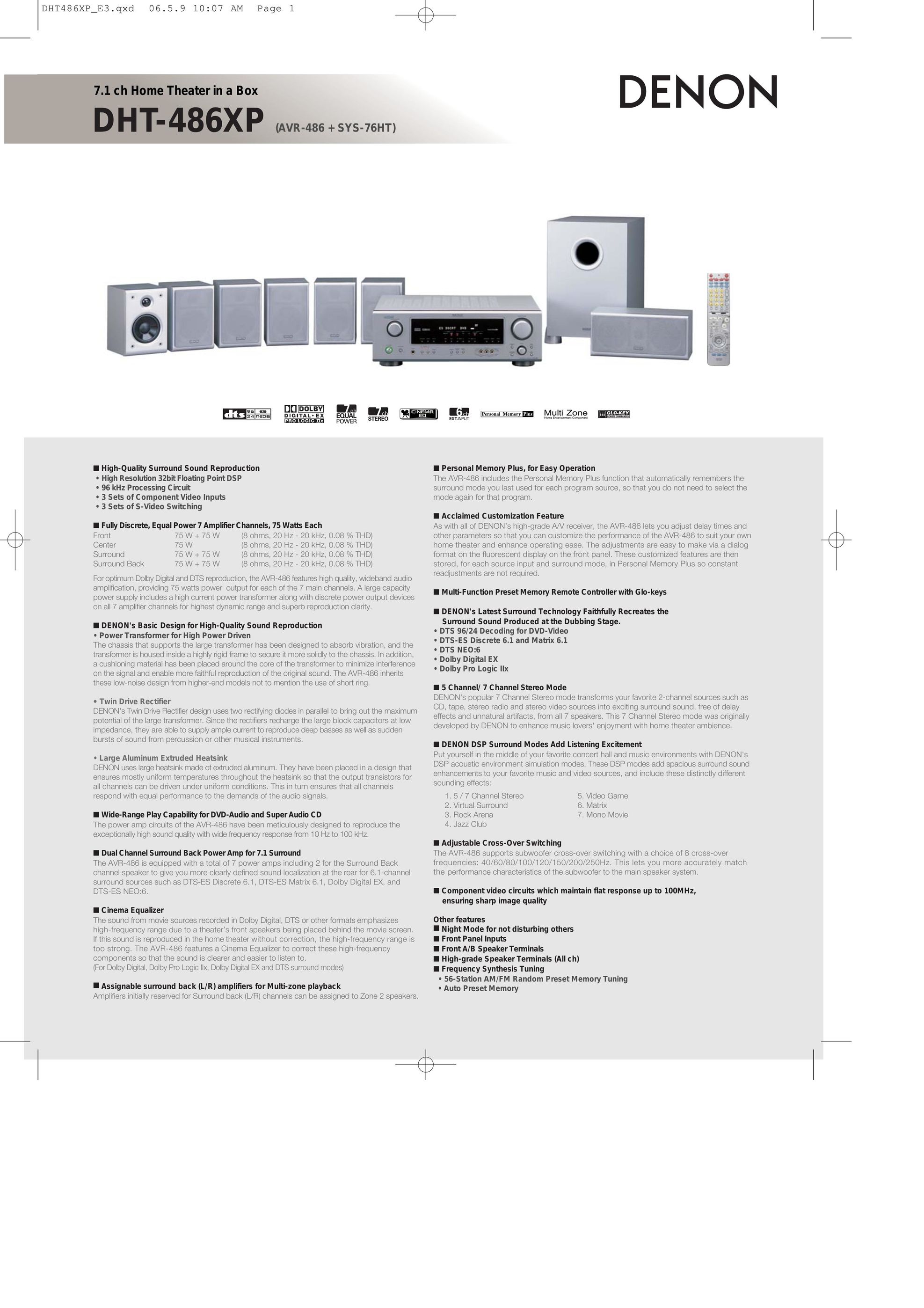 Denon DHT-486XP Home Theater System User Manual