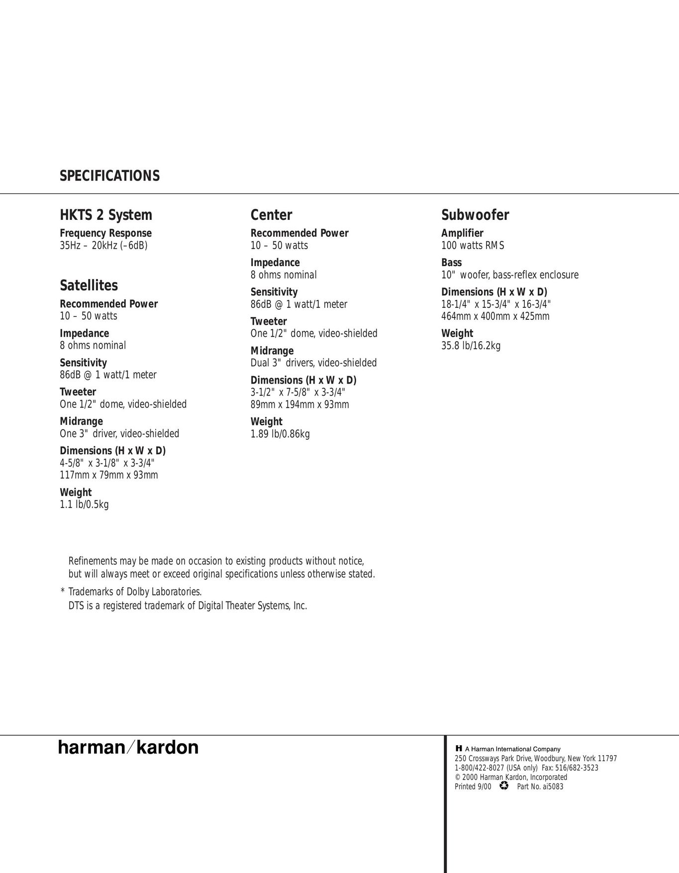 Harman-Kardon HKTS 2 Home Theater System User Manual