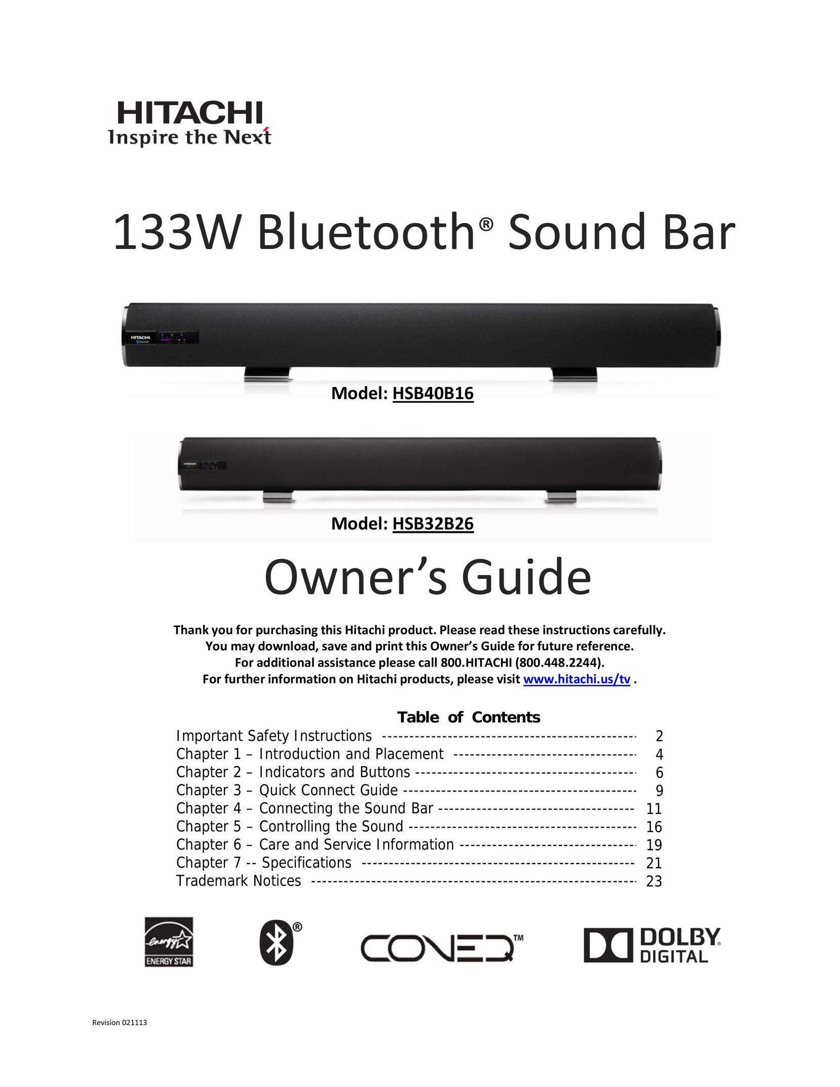 Hitachi bluetooth sound bar Home Theater System User Manual