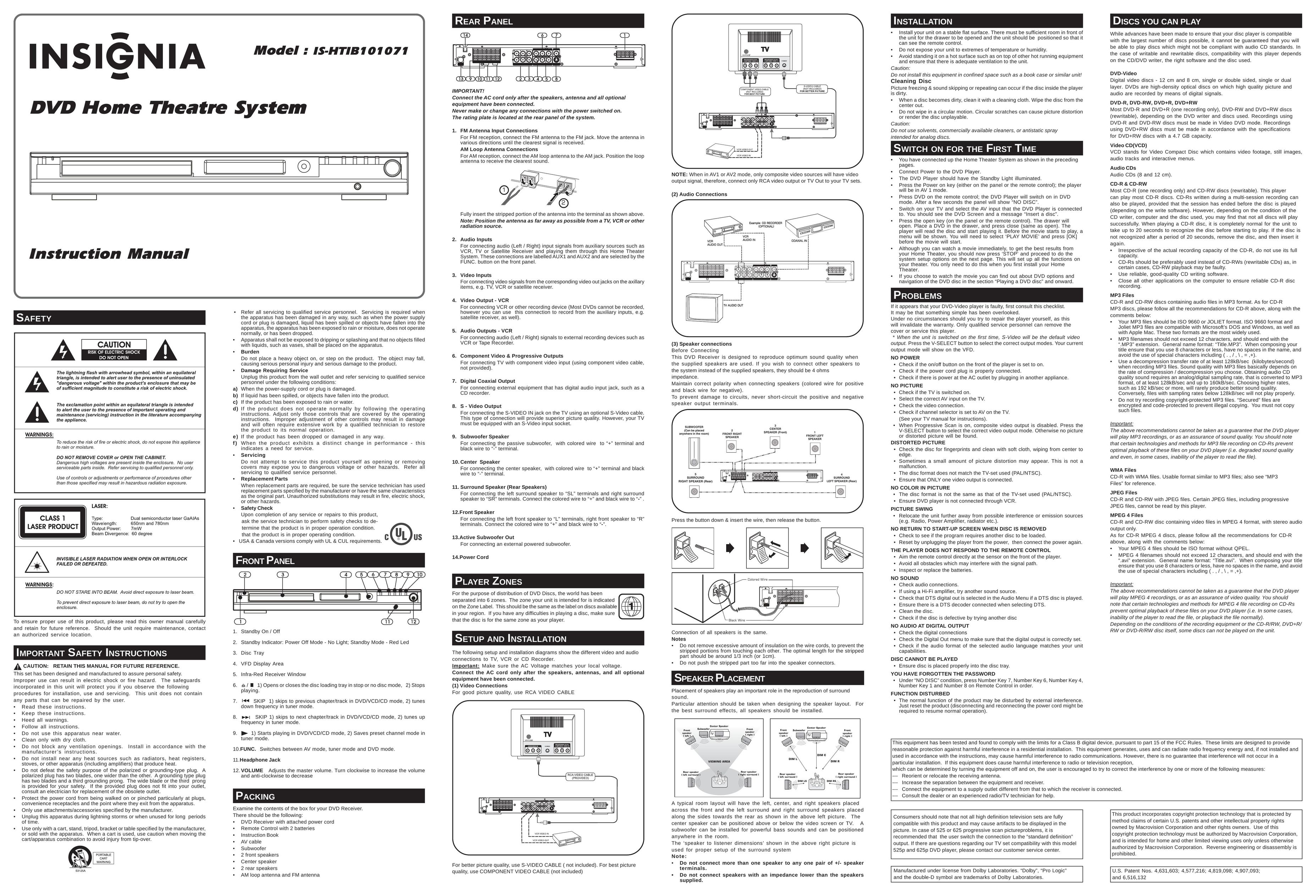 Insignia IS-HTIB101071 Home Theater System User Manual