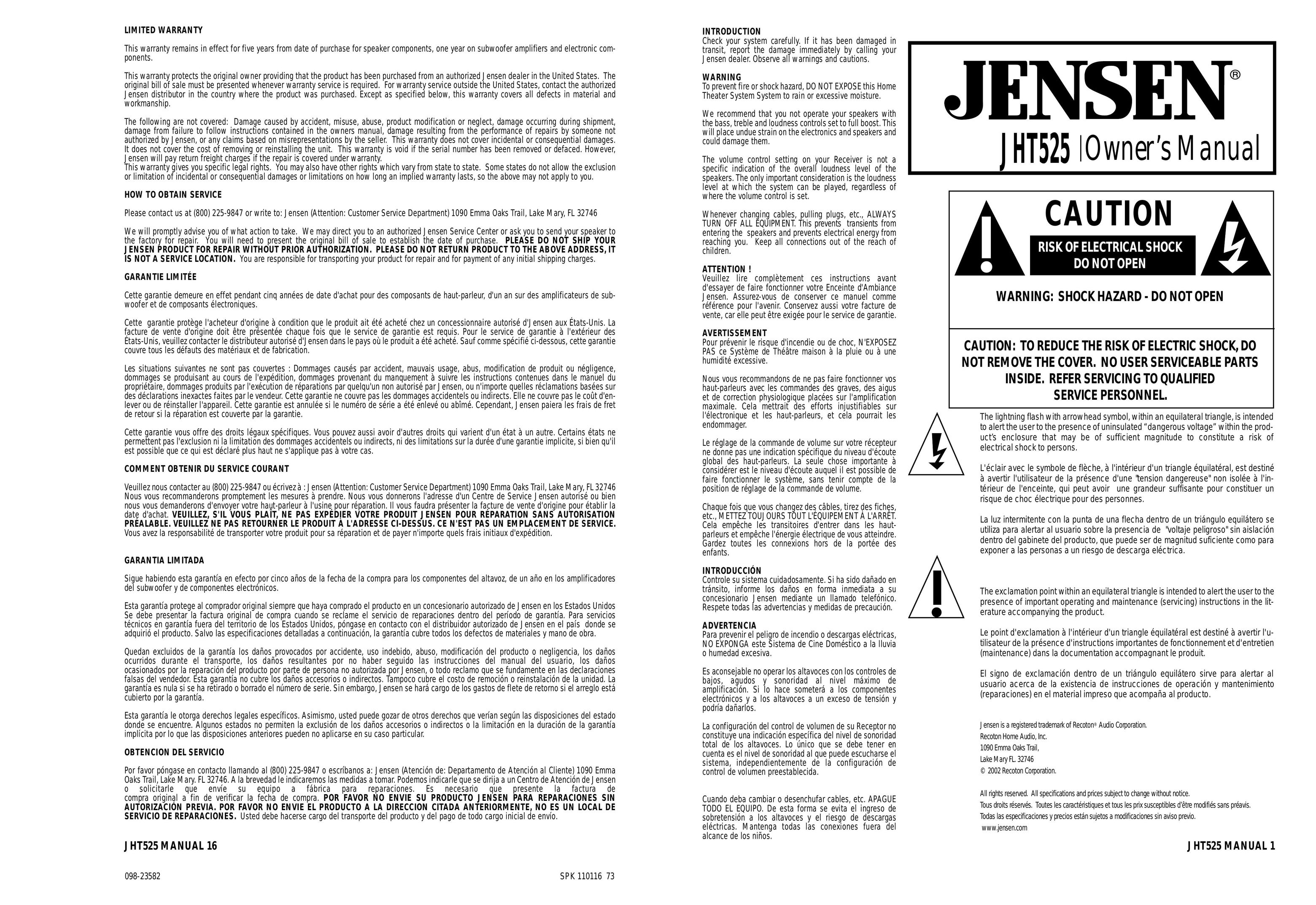 Jensen JHT525 Home Theater System User Manual