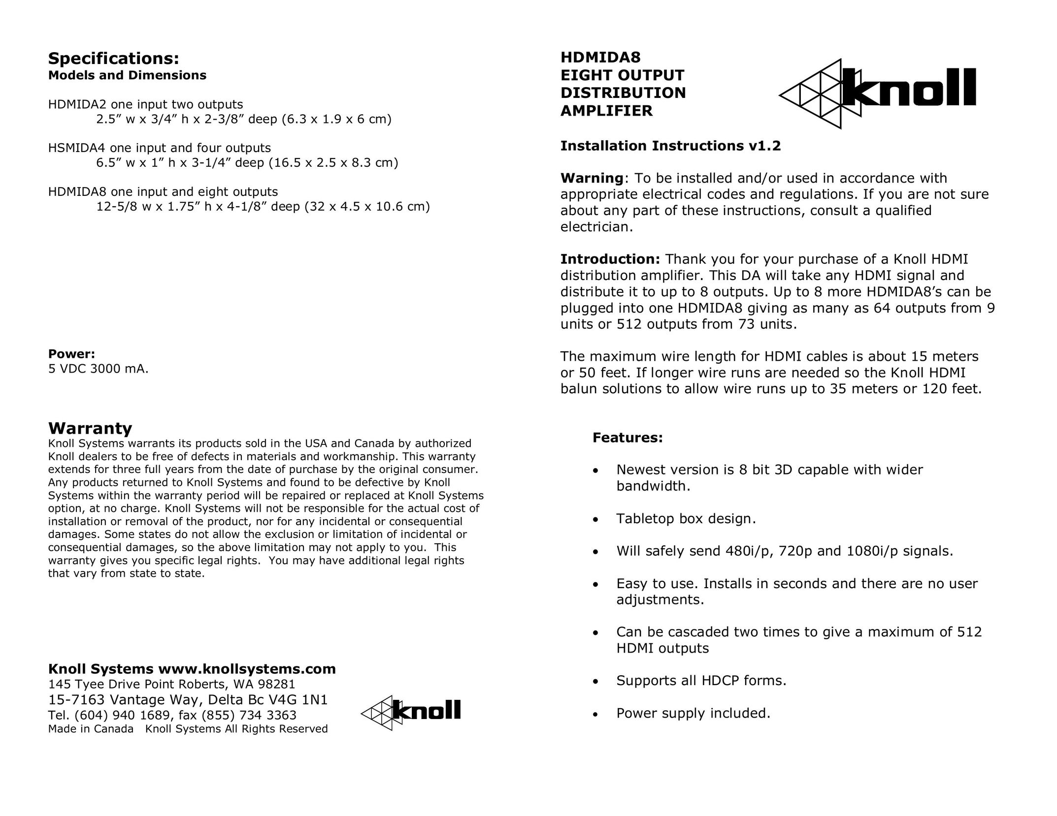 Knoll Systems HDMIDA8 Home Theater System User Manual