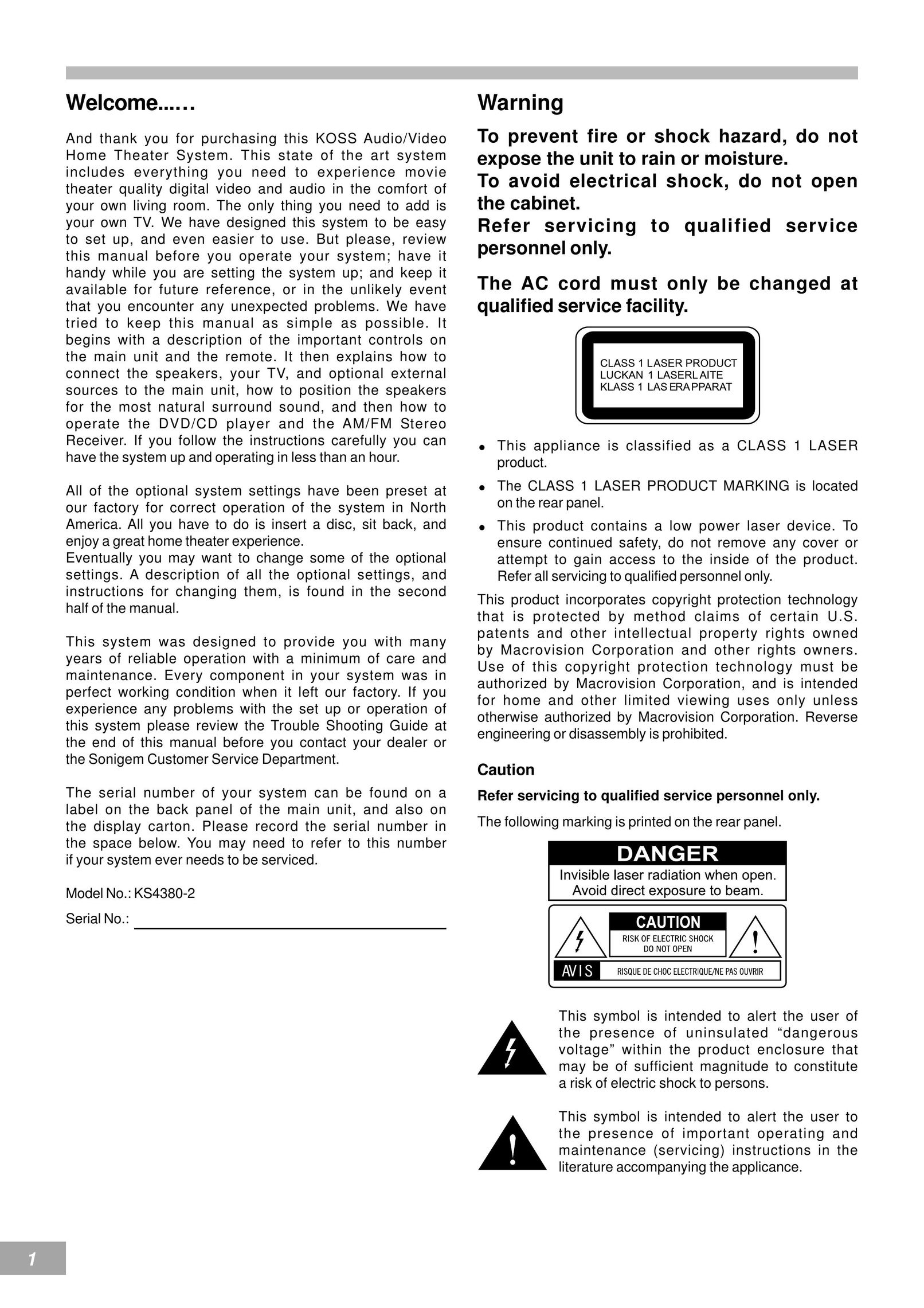 Koss KS4380-2 Home Theater System User Manual